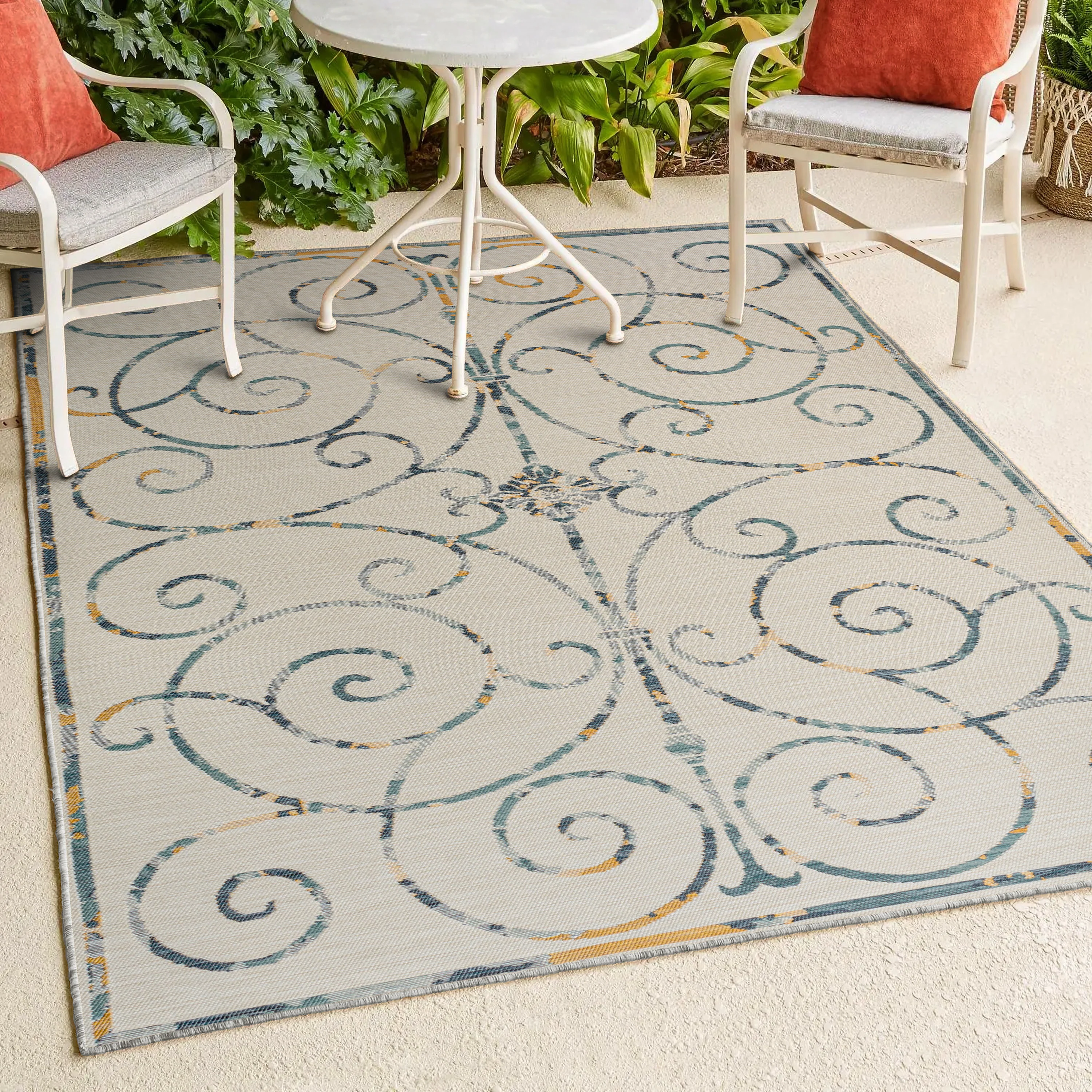 Danae Classic Cottage Filigree Scroll Reversible Machine-Washable Indoor/Outdoor Runner Rug