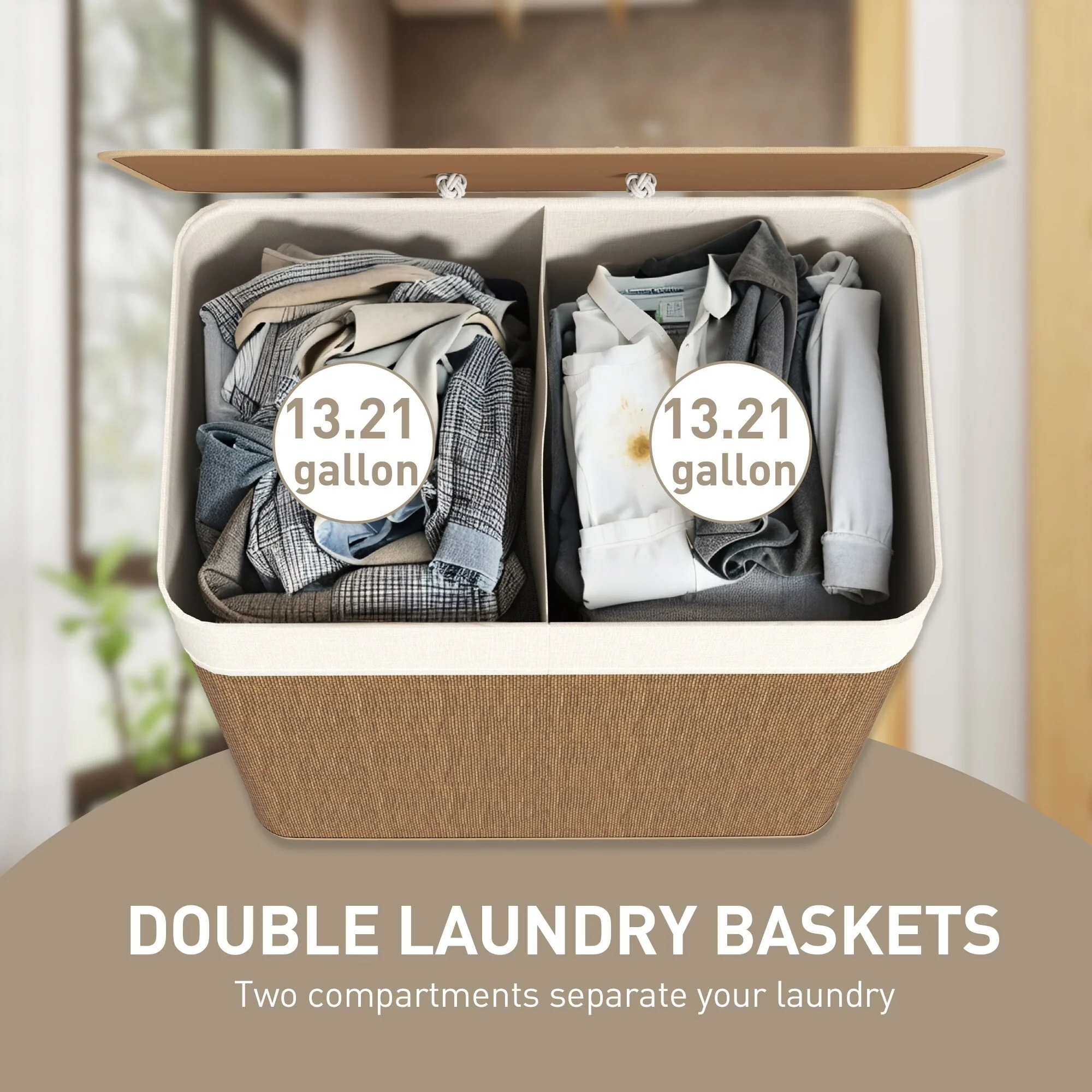 HOMCOM Double Laundry Basket with Lid, 26.4 Gallon Bamboo Laundry Hamper with Rope Handles, Clothes Hamper with Removable Liner