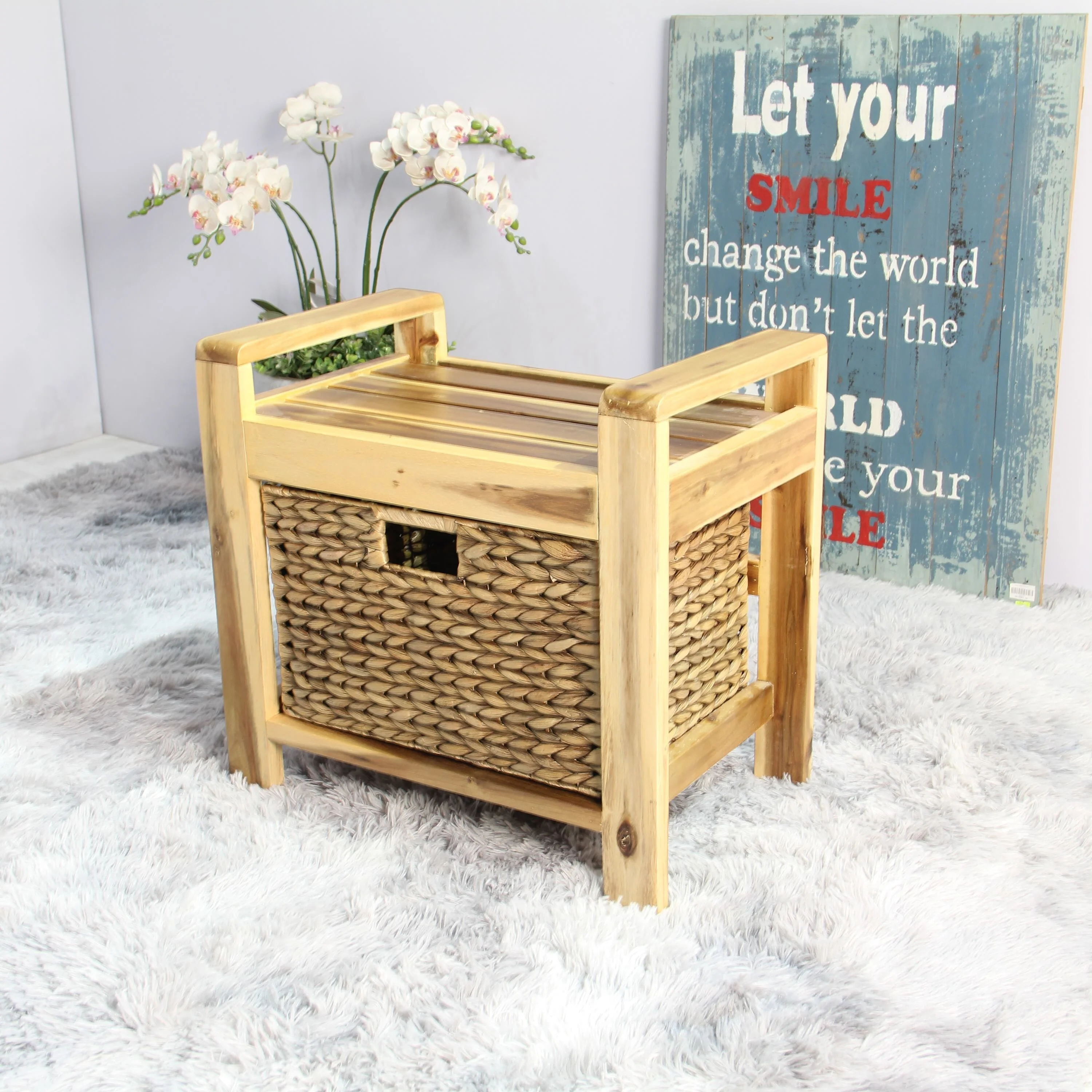 M4H Brae Solid Wood Natural Water Hyacinth Basket Storage Ottoman