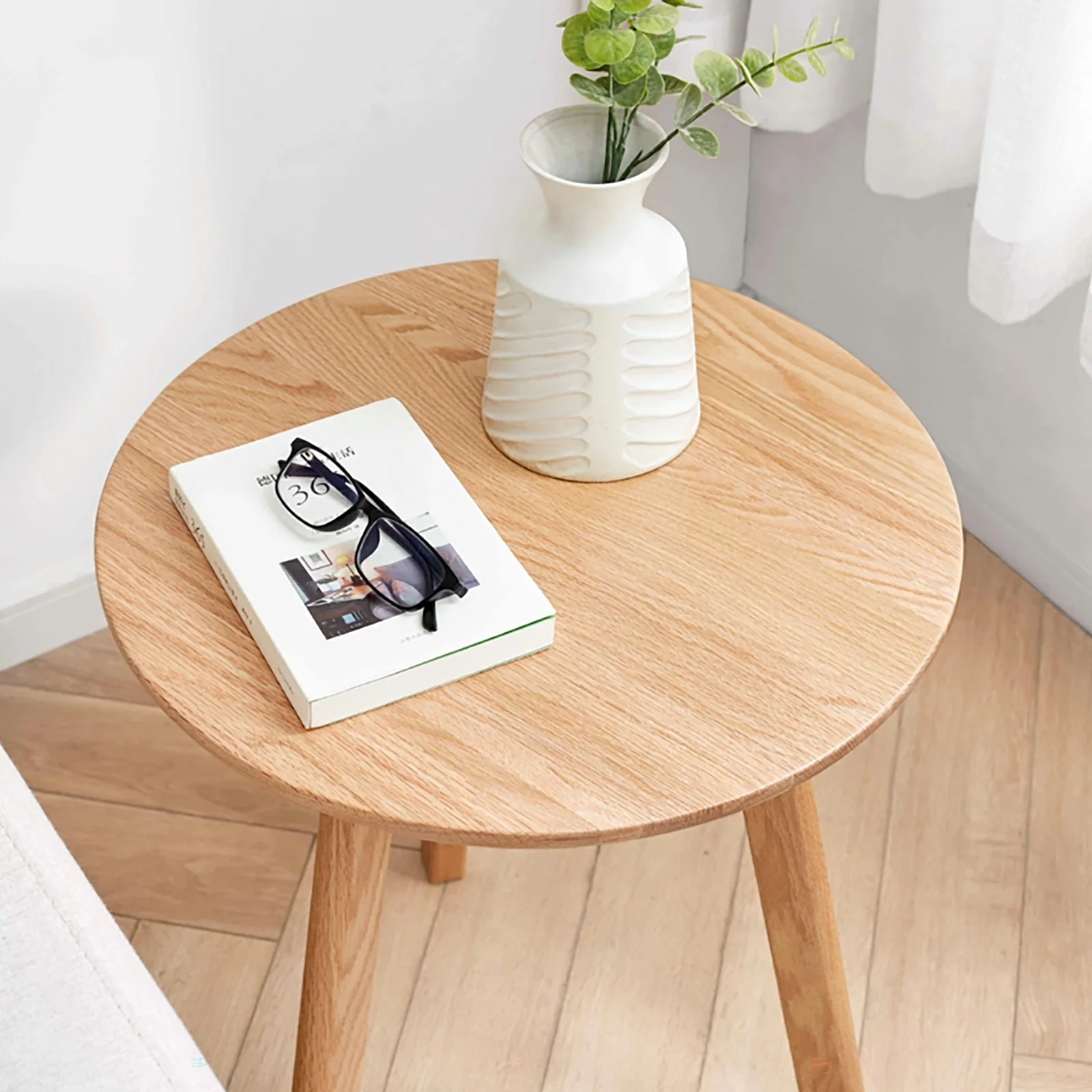Round Side Table with Solid Oak Wood Frame
