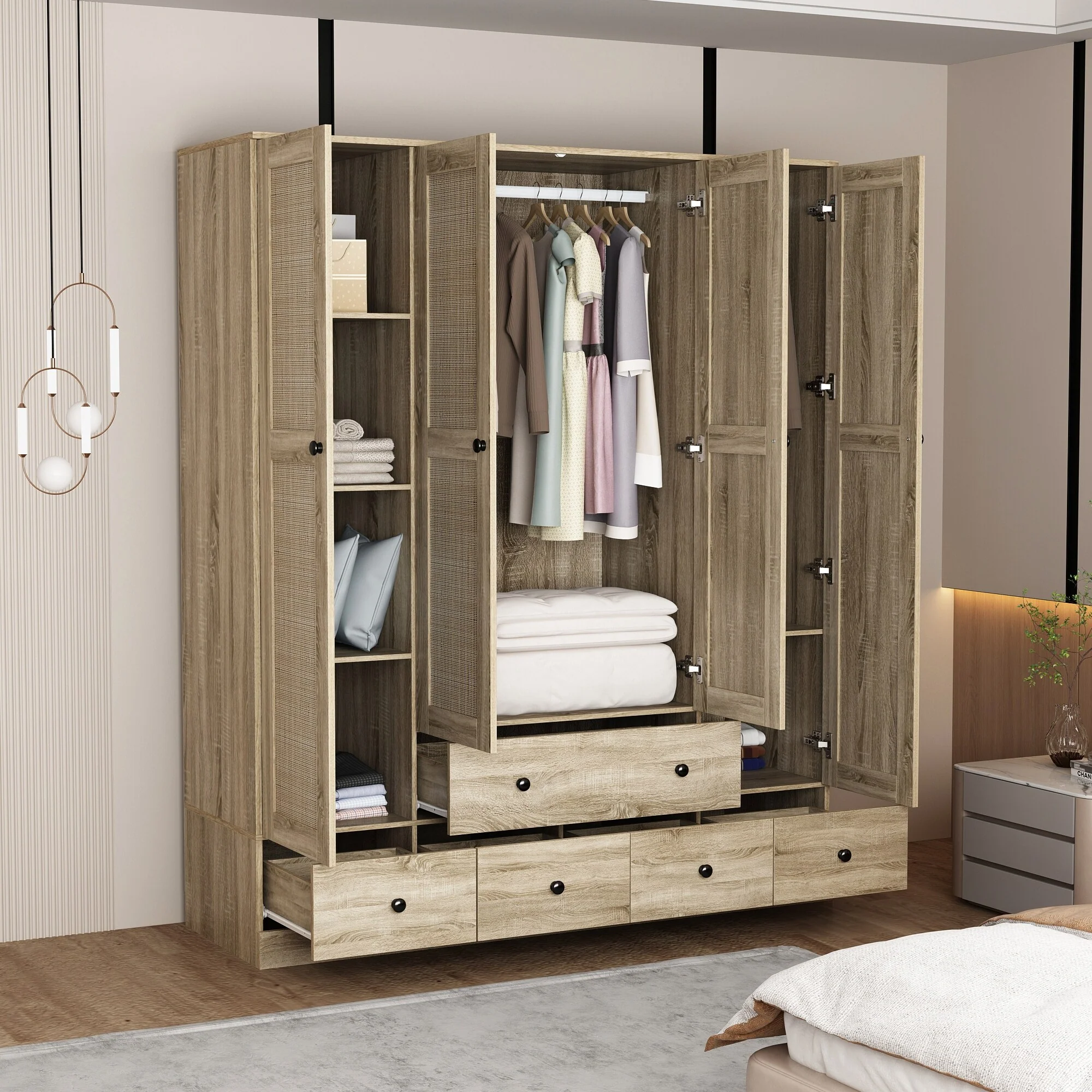 Large Storage Wardrobe Versatile Rattan Door Closet with Deep Drawers