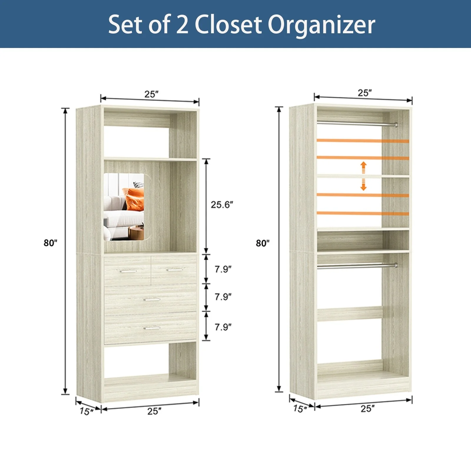 Cimly Set of 2 Free-standing Closet System with Drawers and Hanging Rods for Reach-in/ Walk-in Closet