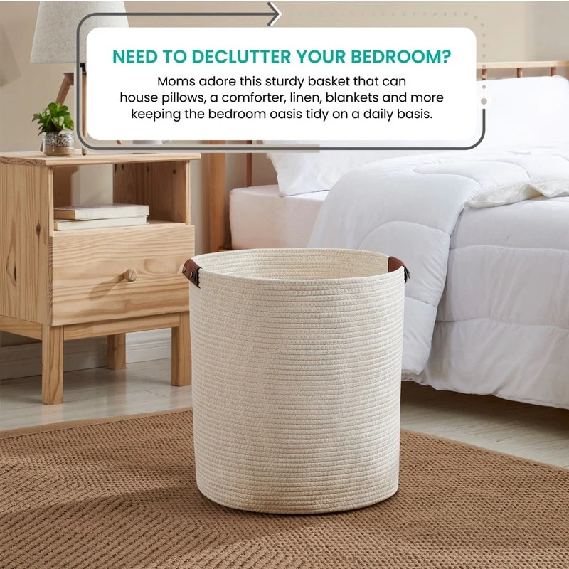 Large Cotton Rope Storage Basket Laundry Hamper Woven Basket with Leather Handles -16 x 18 - 16