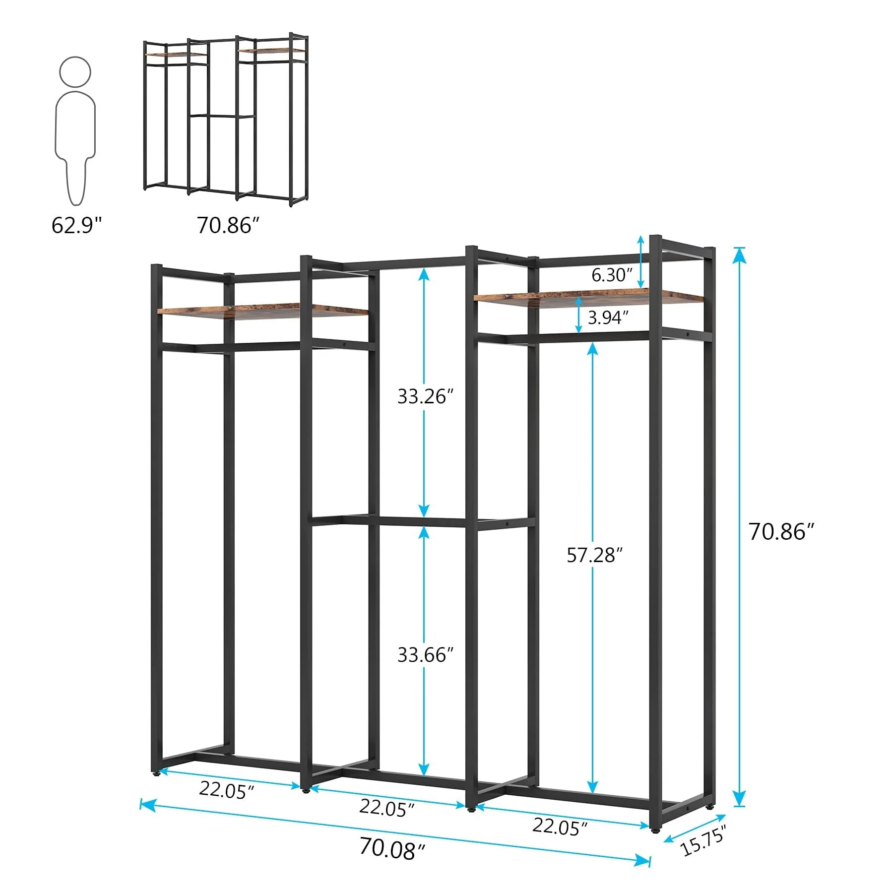 Free Standing Closet Organizer with Hanging Rods, Garment Rack Heavy Duty Clothes Rack with Storage Shelves, Max Load 500LBS