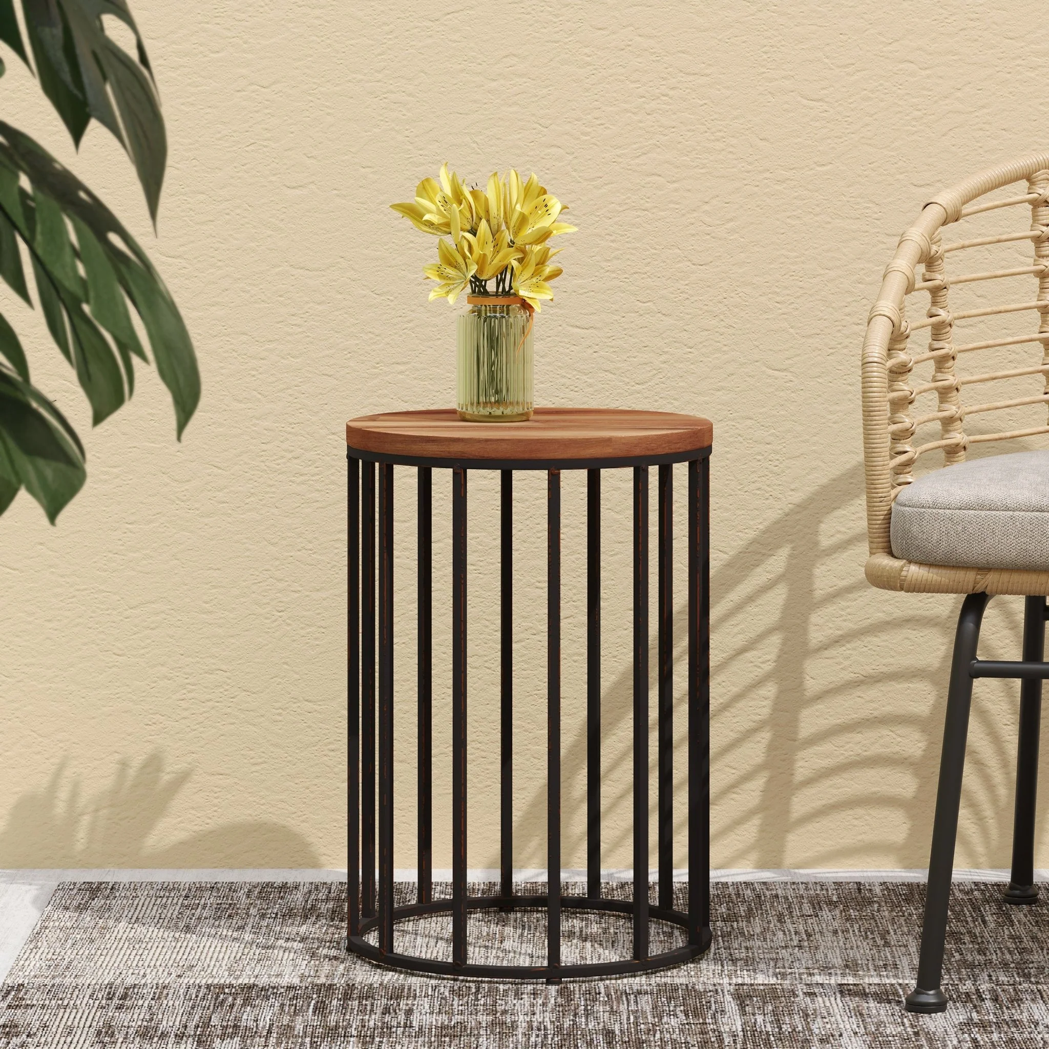 Outdoor Cylindrical Side Table with Round Solid Wood Top and Metal Frame