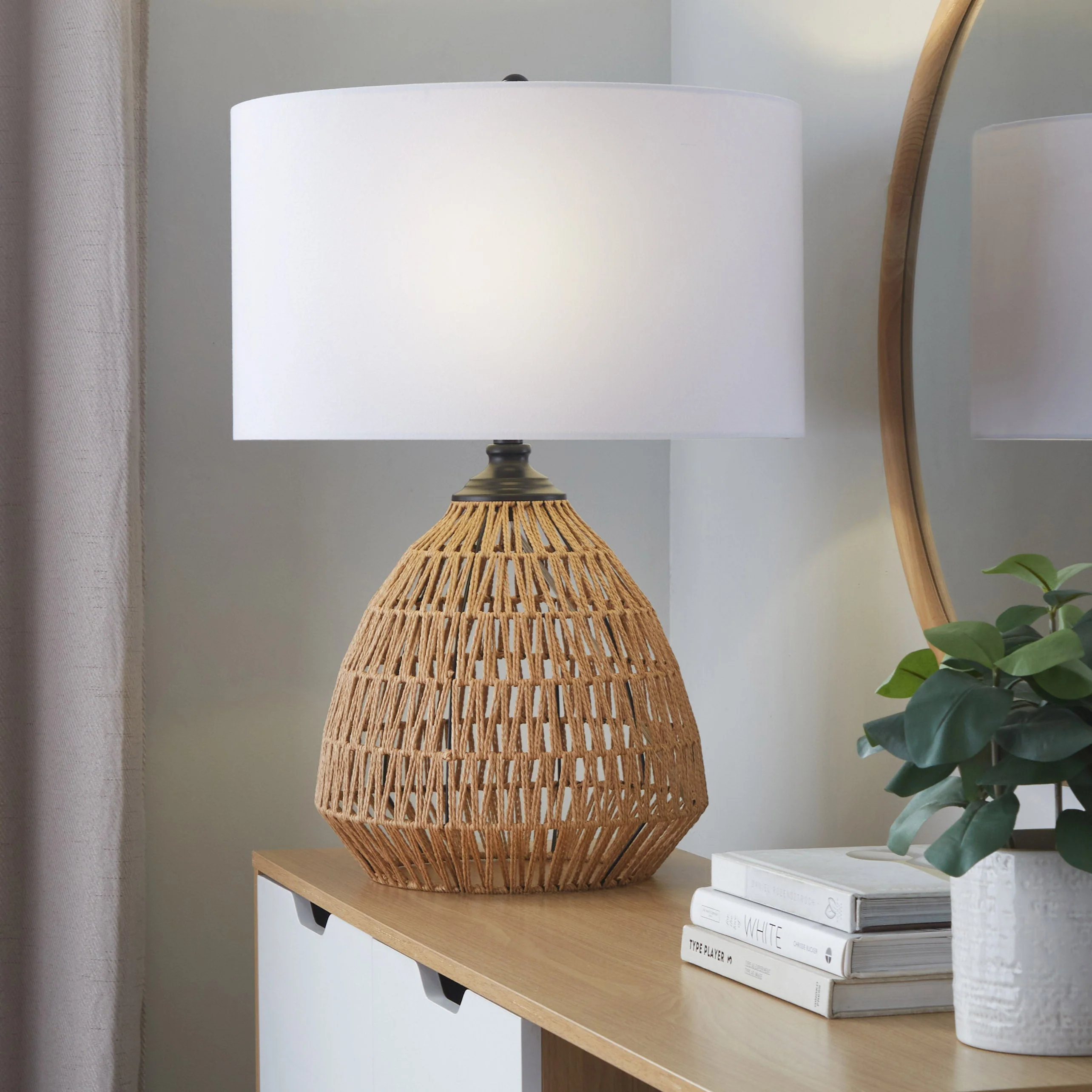 Table Lamp with Rope Rattan Base and White Linen Shade