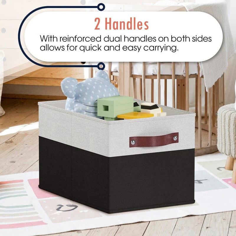 3 Pack Collapsible Shelf Basket Rectangle Storage Bins with Faux Leather Handles