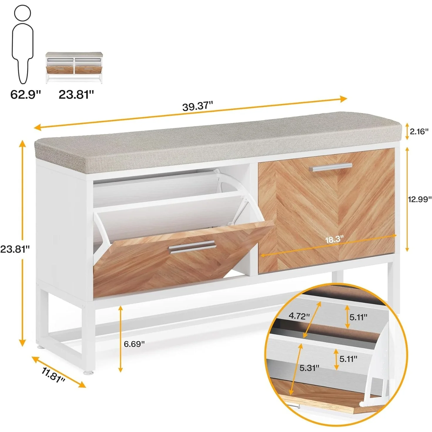 Shoe Storage Bench with Cushion, Entryway Shoe Bench with 2 Flip Drawers