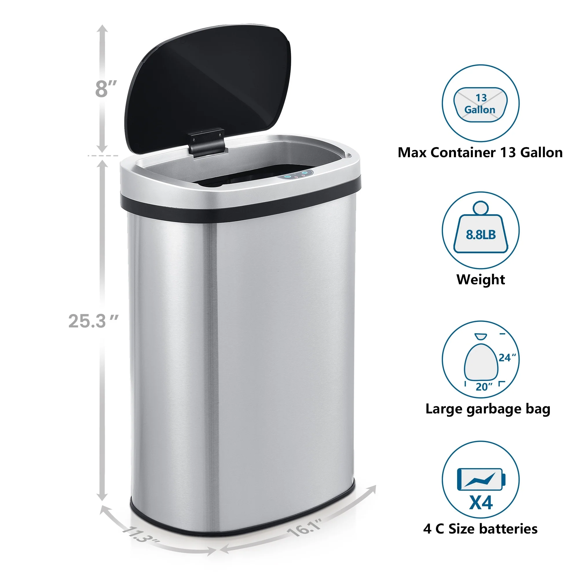 Innovaze 13 Gal./50 Liter Stainless Steel Oval Motion Sensor Trash Can for Kitchen