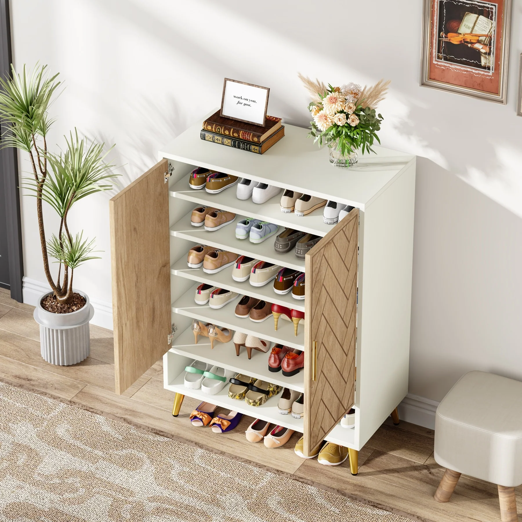 Walnut Shoe Cabinet, 6-Tier Wooden Shoe Organizer with Stable Leg