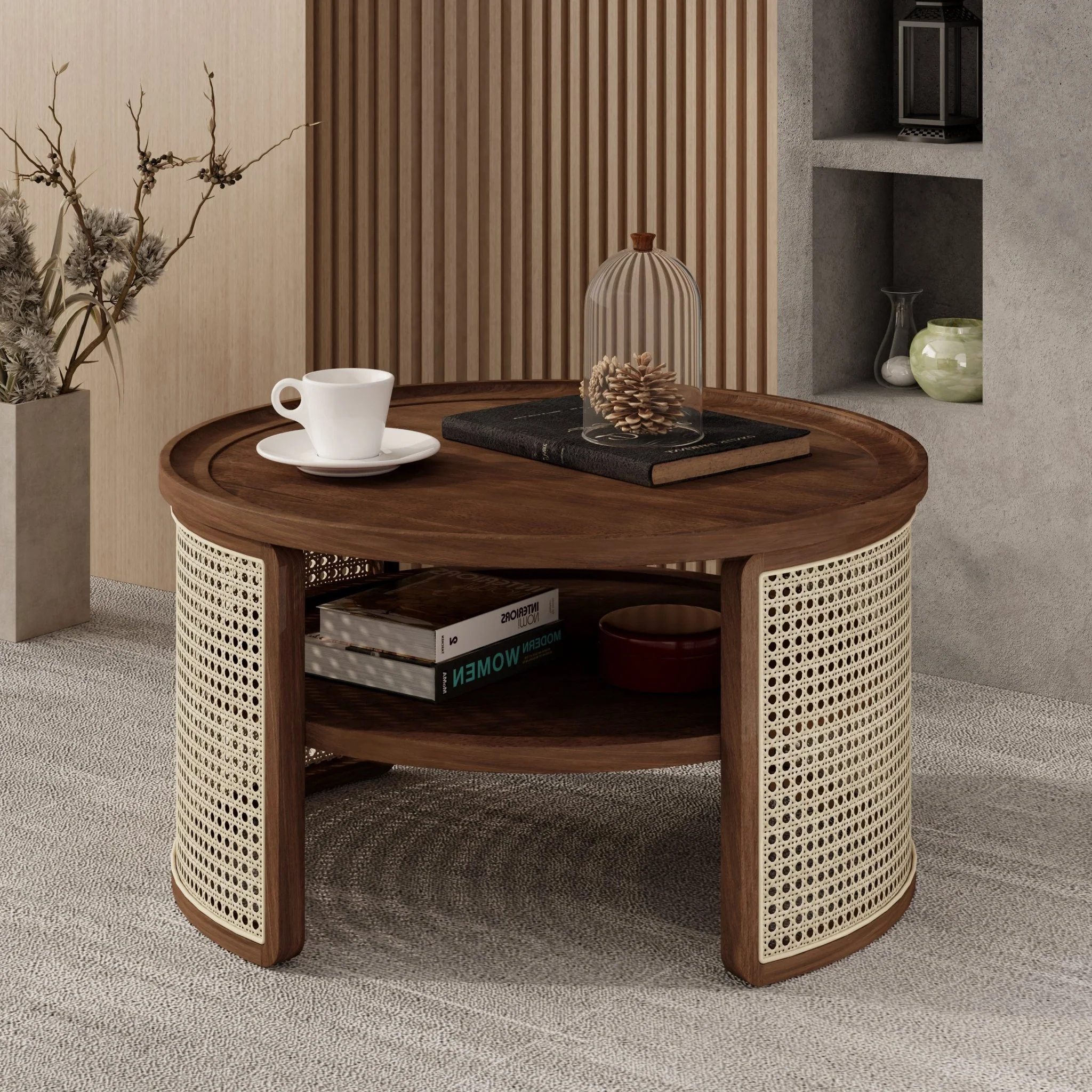 Wintered 2-Tiered Coffee Table with Rattan Base and Curved Edge Design
