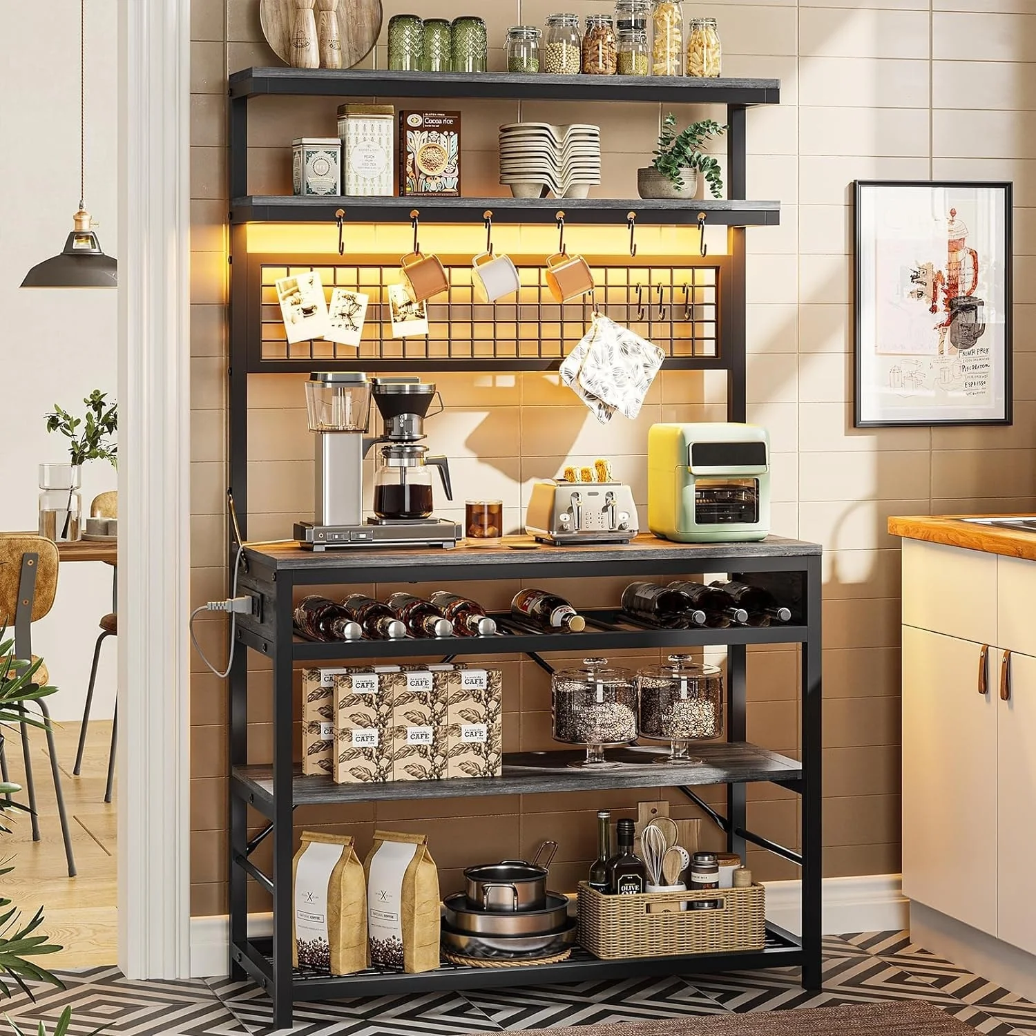 Bakers Rack with Power Outlet 6-Tier Coffee Bar Microwave Stand