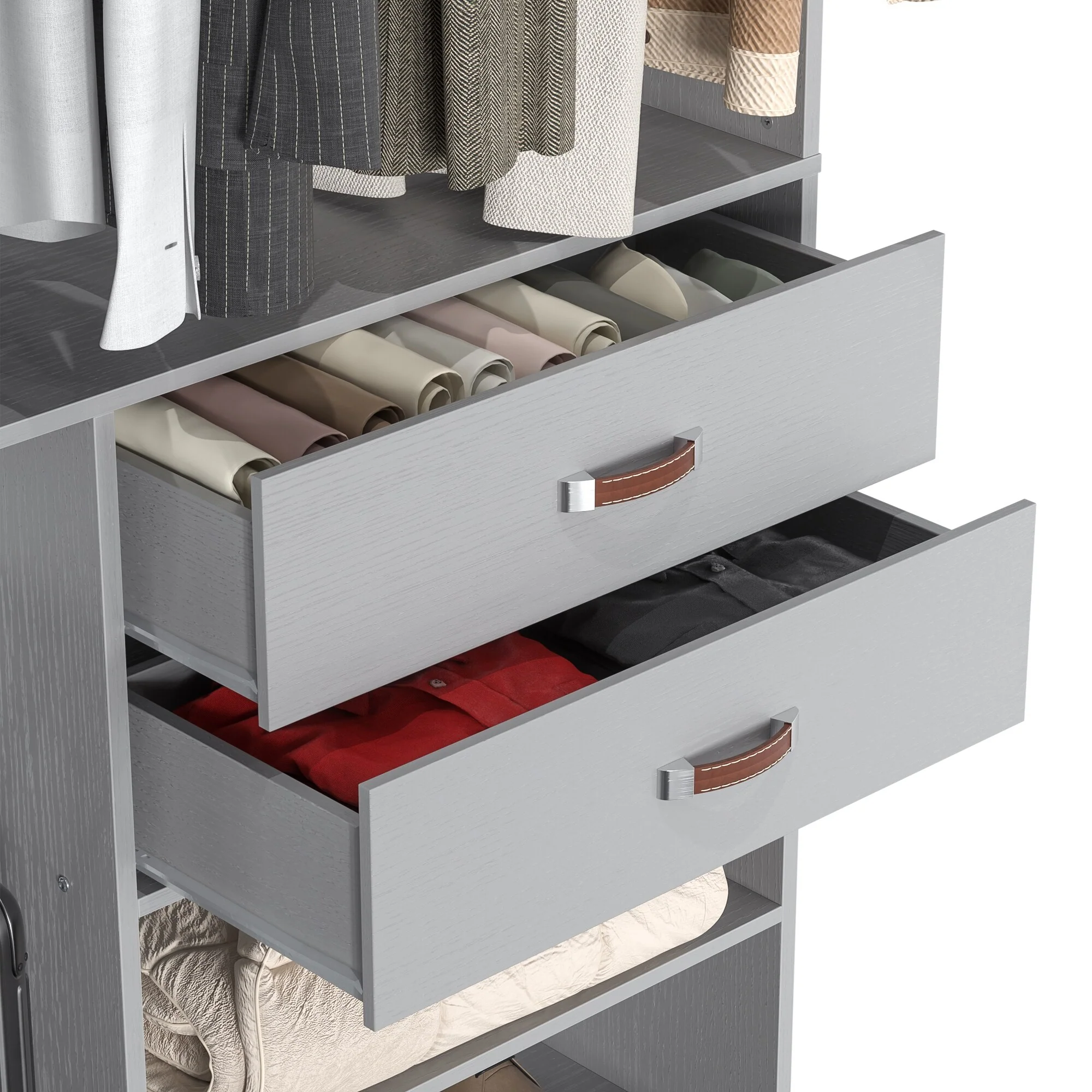 Vryon 40''W Freestanding Closet Organizer with Hanging Rod, Closet System Wardrobe with Wood Drawers