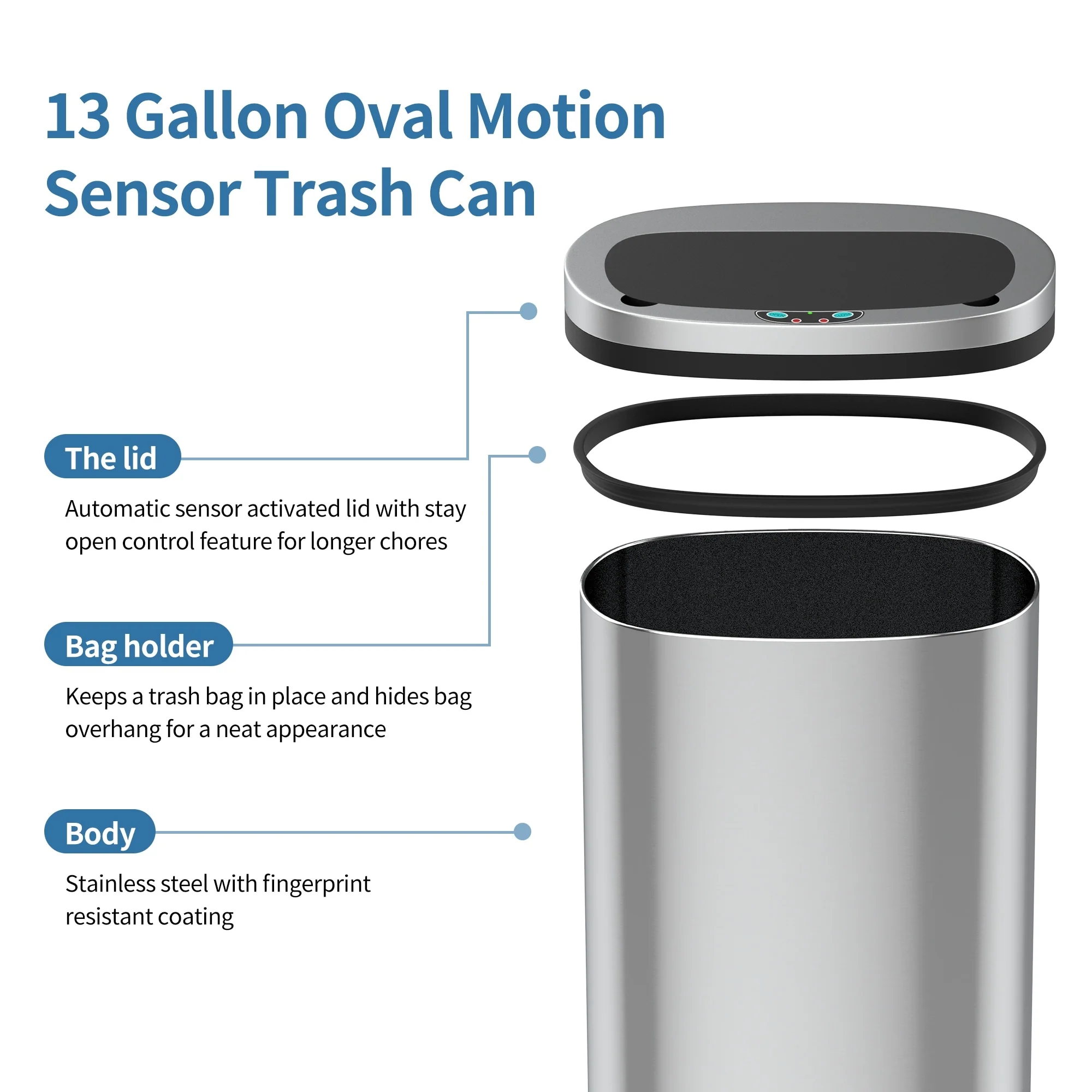 Innovaze 13 Gal./50 Liter Stainless Steel Oval Motion Sensor Trash Can for Kitchen