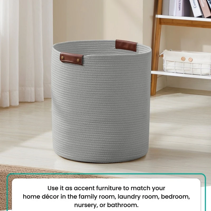 Large Cotton Rope Storage Basket Laundry Hamper Woven Basket with Leather Handles -16 x 18 - 16