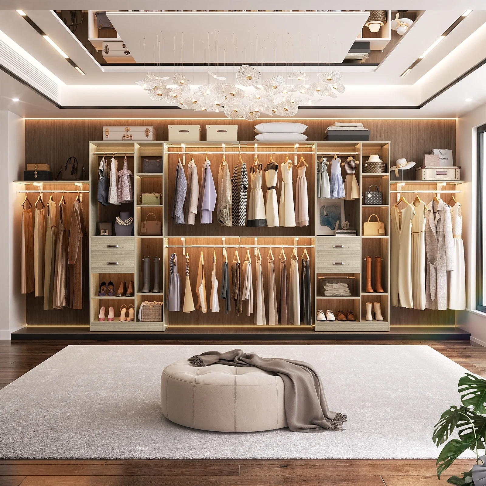 31.5'' to 96'' W Closet Organizer System with Drawers and Tower Shelves for Reach-in and Walk-in Closet