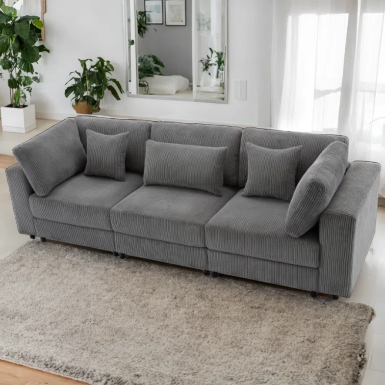 Pasol 3-Seater Sofa with Removable Back Cushions and 5 Pillows Soft Corduroy Cushions