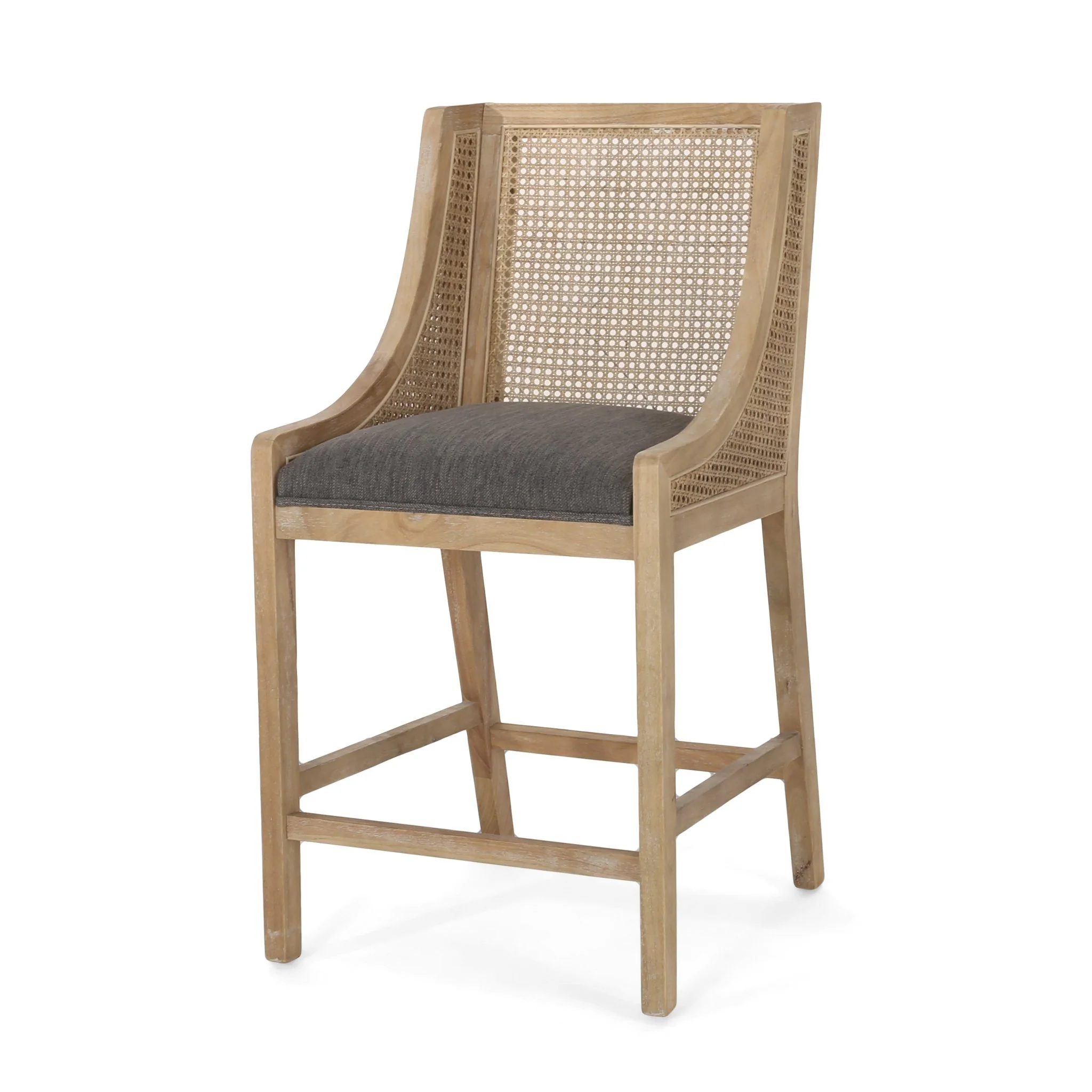 Upholstered Counter Stool with Cane Webbing Backrest, Set of 2