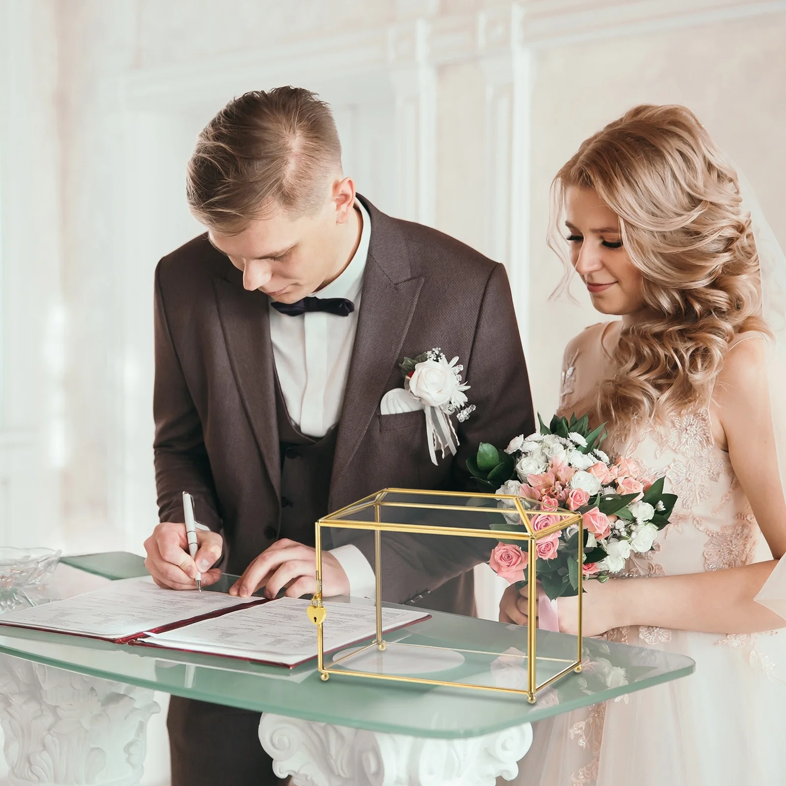 Glass Wedding Card Box with Lock, Clear Card Box for Reception