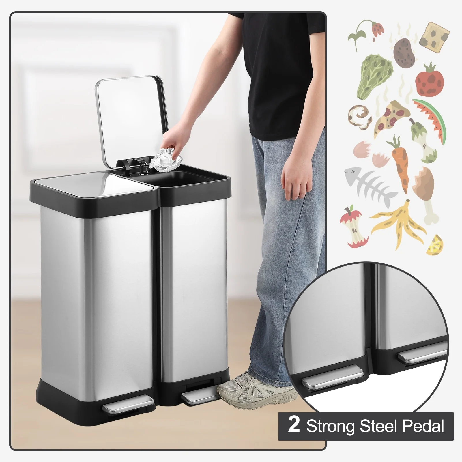 Stainless Steel Dual Trash Can, 2 Pedal