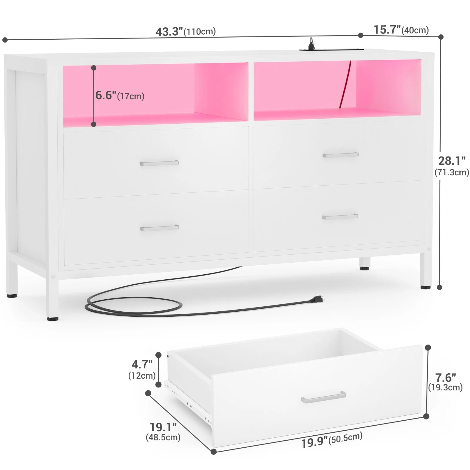 Chest of Drawers with LED Lights and Outlets,Wood Drawer Dresser for Clothes Storage