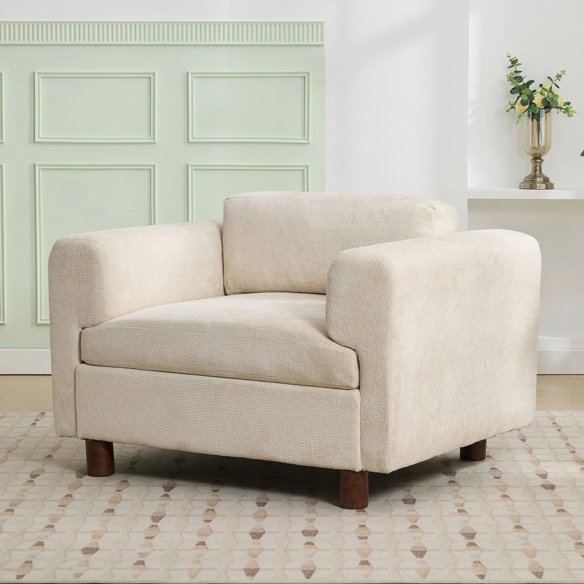 Elixired Upholstered Arm Chair with Tucked Armrests and Round Rubberwood Legs