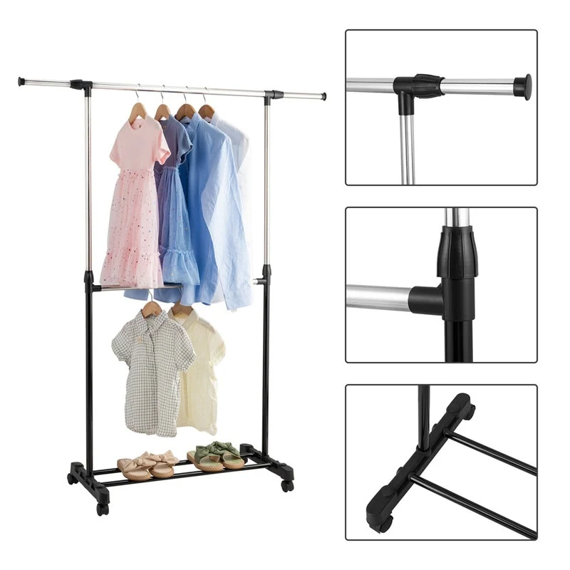 Single/Dual-bar Vertical & Horizontal Stretching Stand Clothes Rack with Shoe Shelf