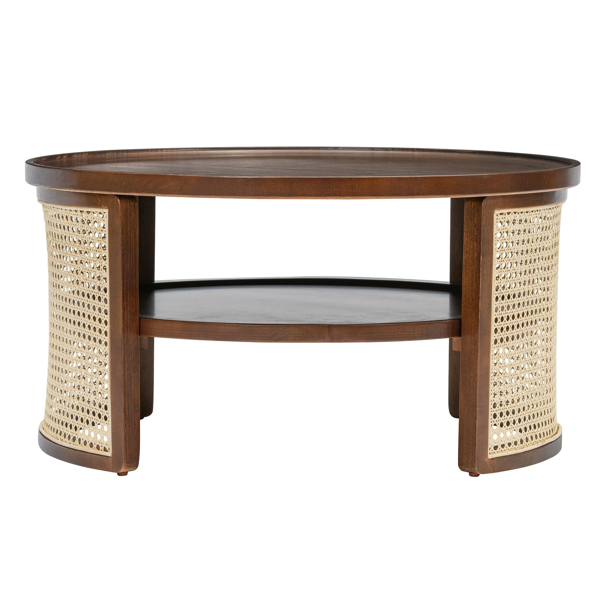 Wintered 2-Tiered Coffee Table with Rattan Base and Curved Edge Design
