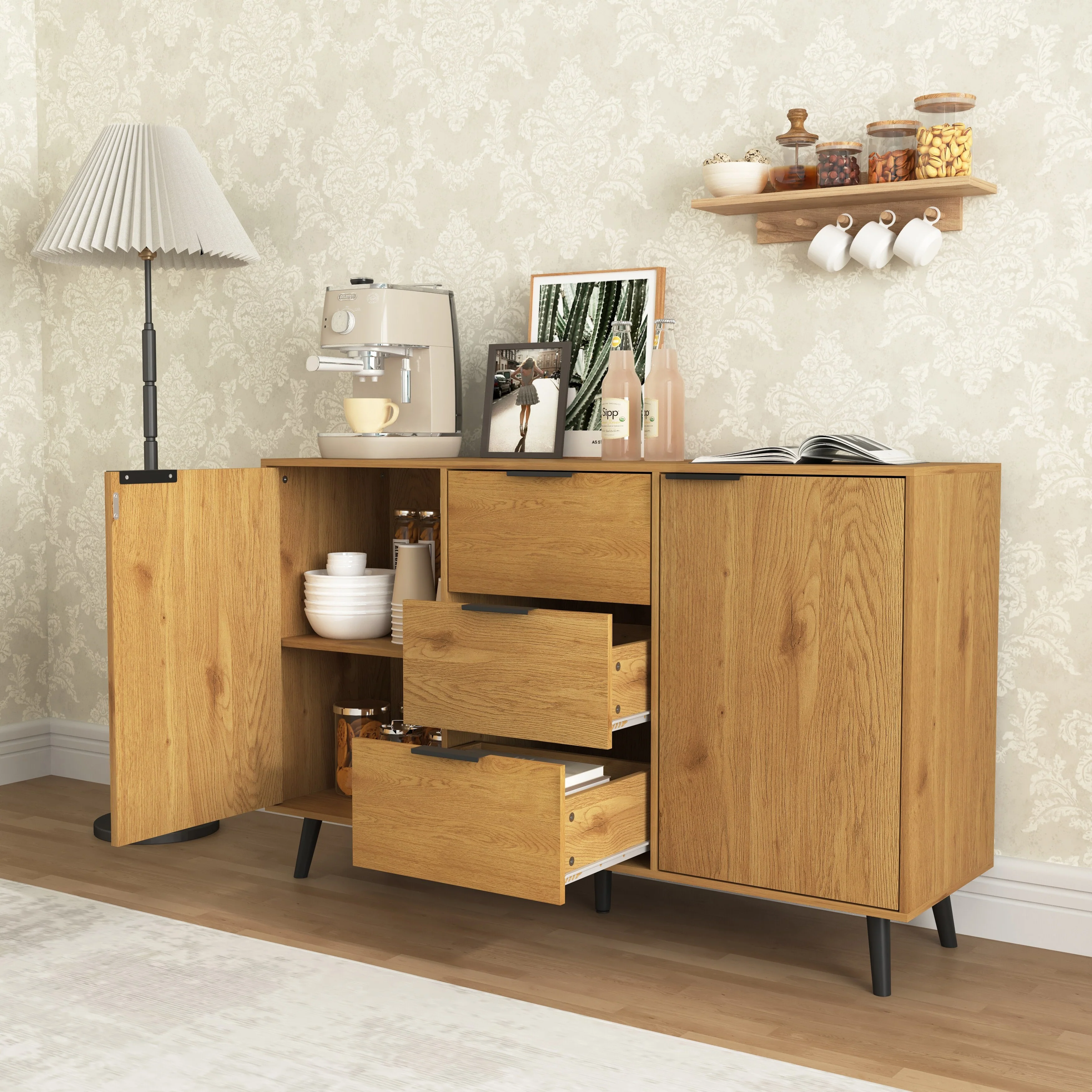 Sideboard Buffet Cabinet with Storage, Wood Coffee Bar Cabinet with Drawers & Doors
