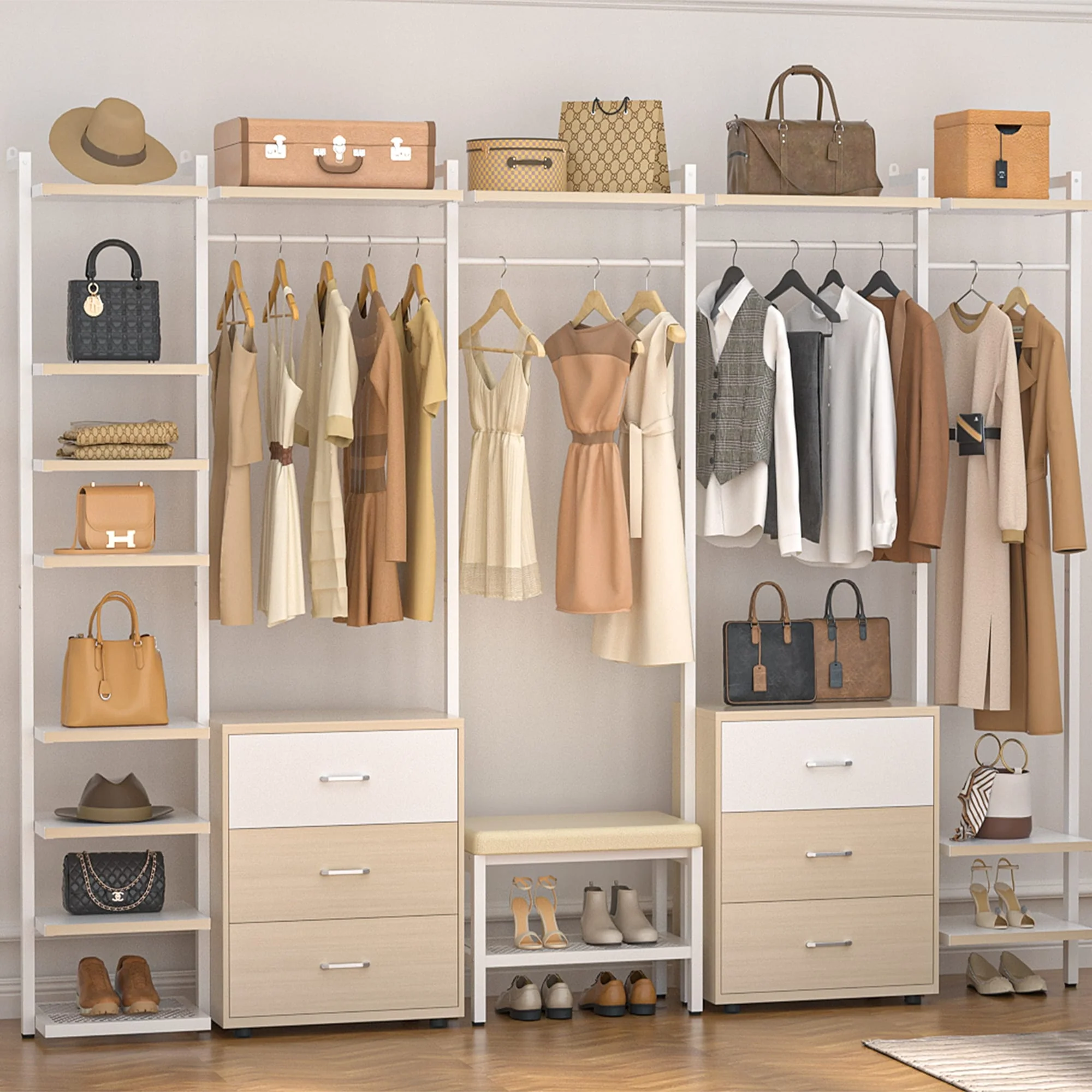 Walk in Closet System with 6 Closet Drawers, 96'' Multifunctional Clothes Rack Closet Organizer