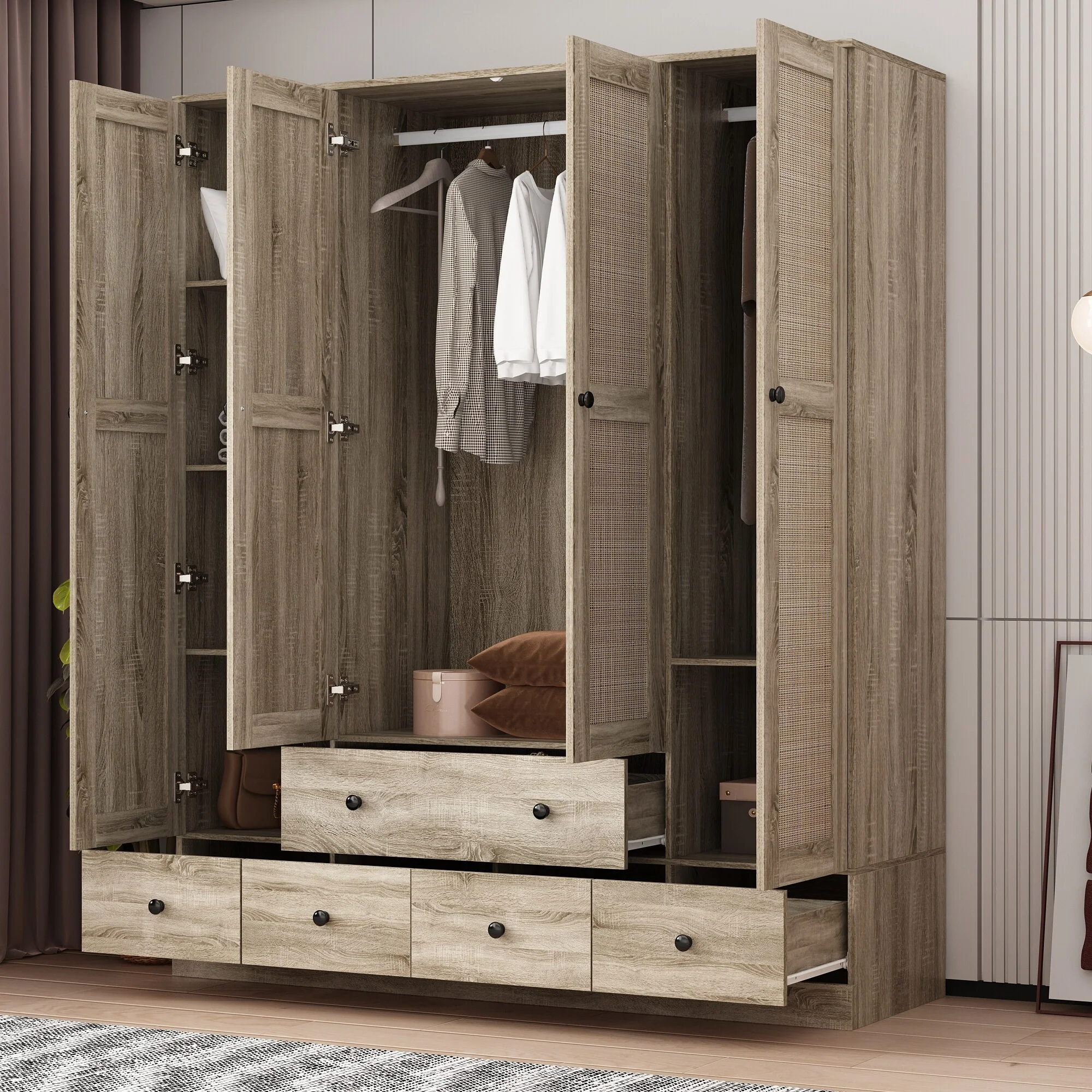 Large Storage Wardrobe Versatile Rattan Door Closet with Deep Drawers