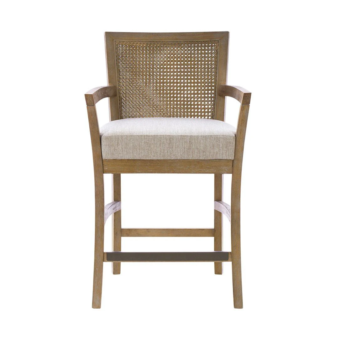 Upholstered Counter Stool with Cane Back and Open Arm Design