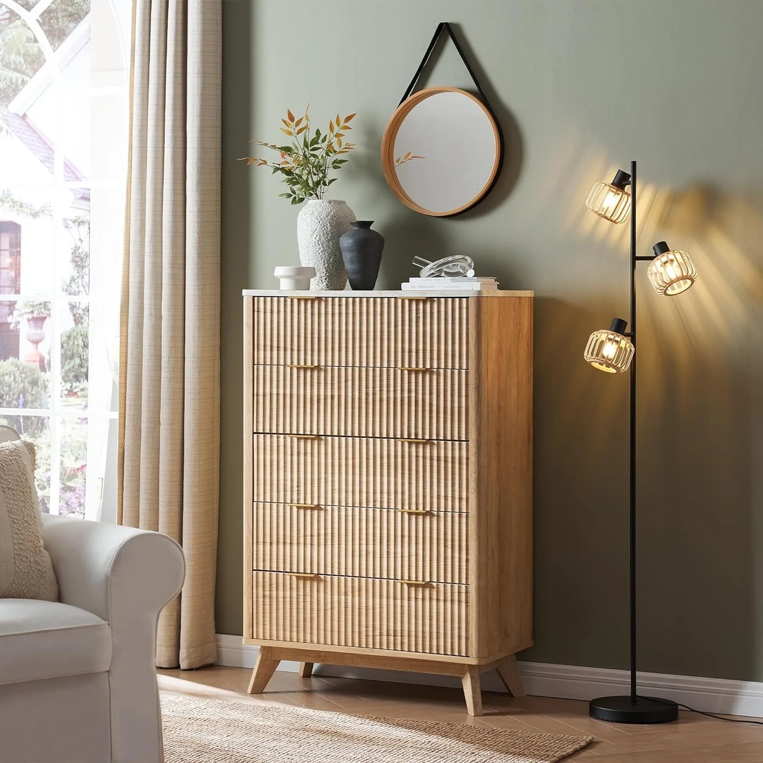 Modern Fluted 5 Drawers Dresser, Chest of Drawers, Dresser TV Stand