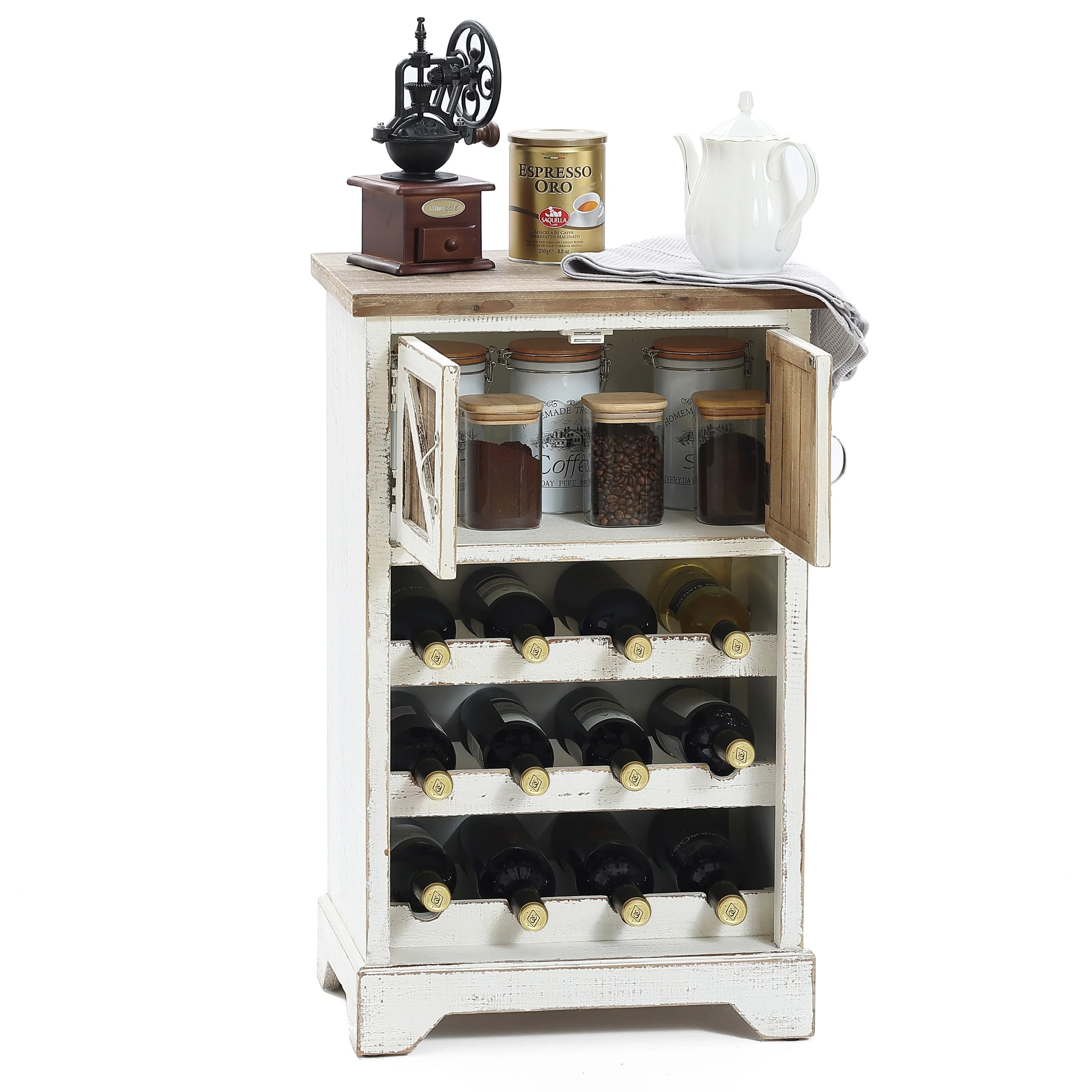 White and Natural Wood 2-Door Wine Cabinet - 30.9