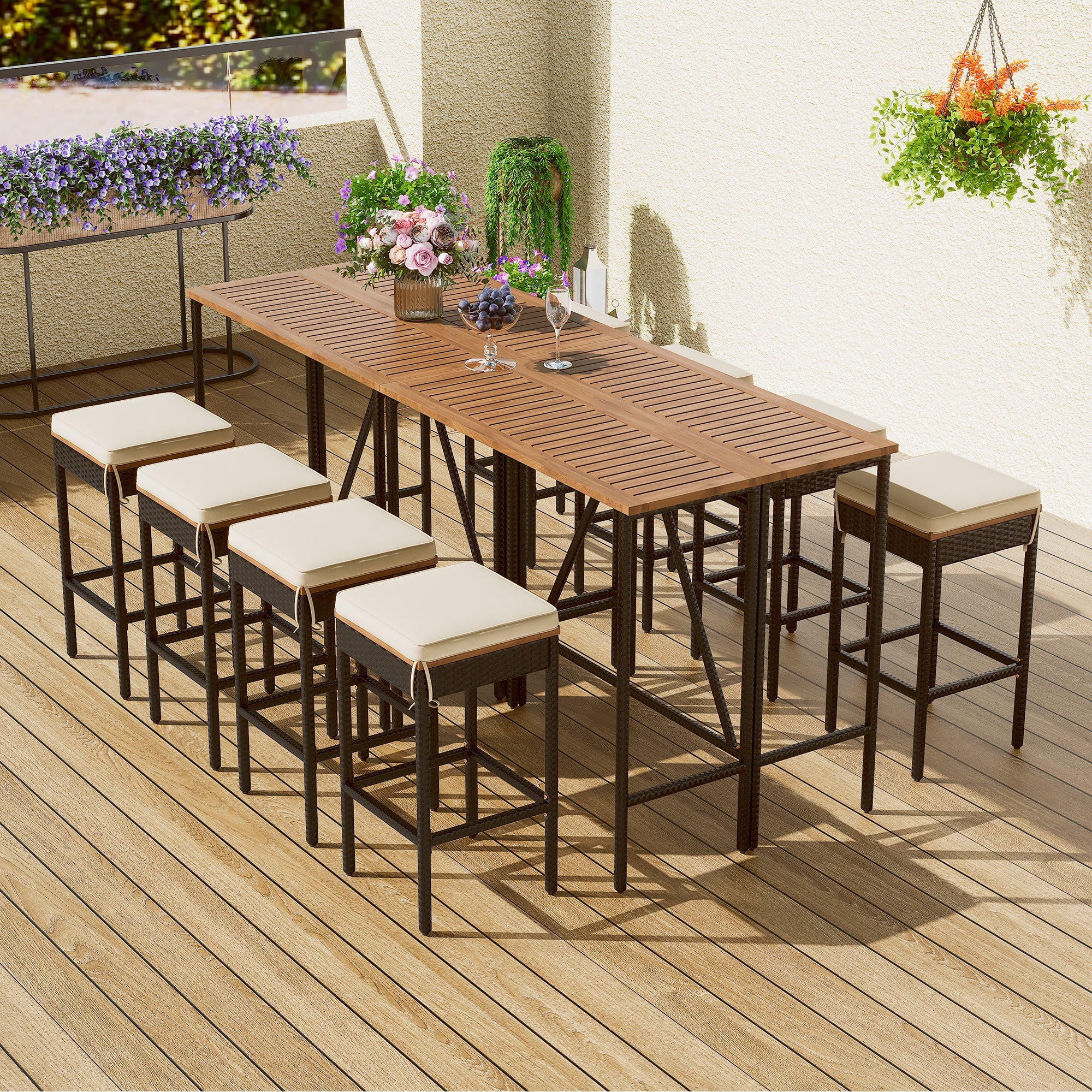 10-Piece Outdoor Acacia Wood Set with Bar Height Table And 8 Stool