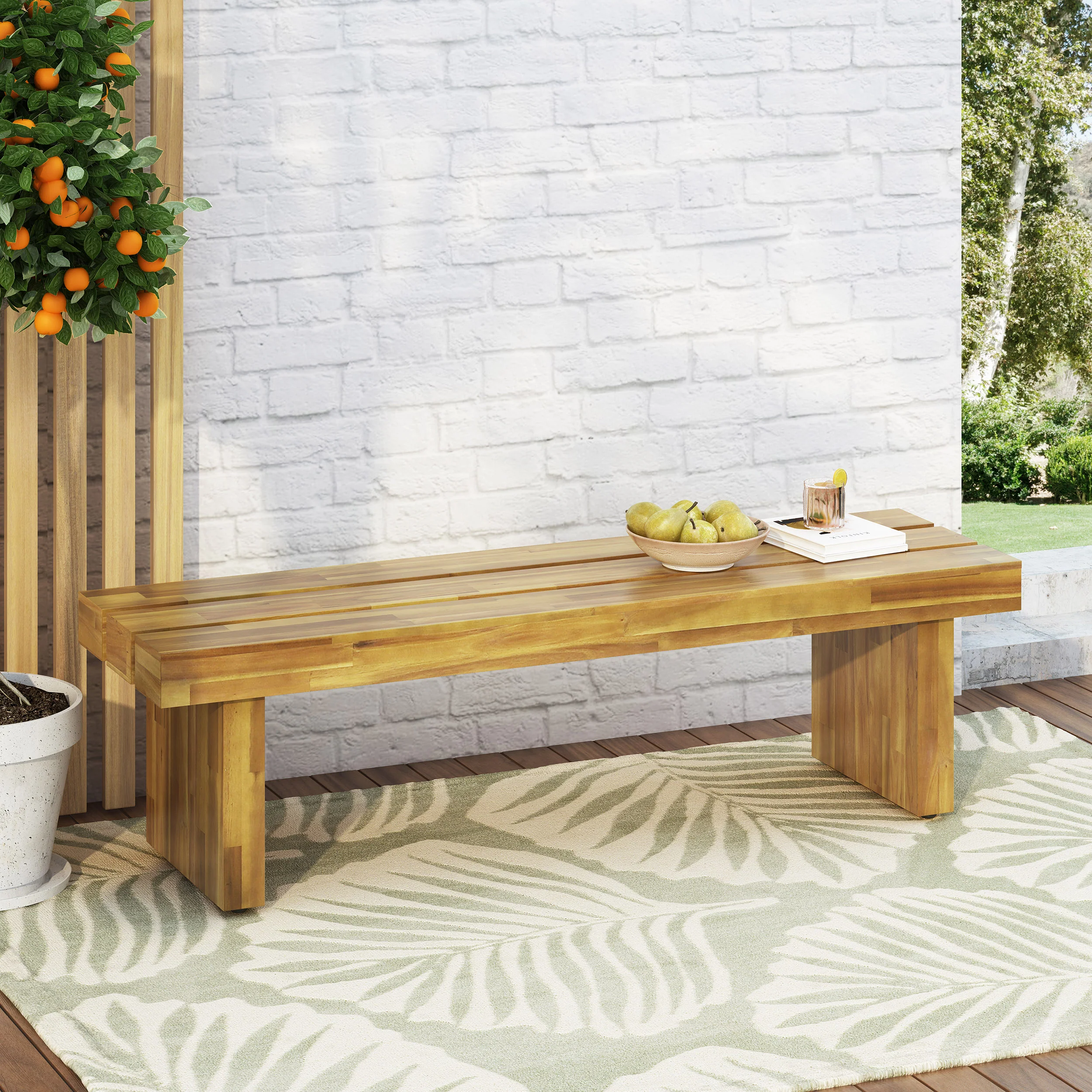 Outdoor Bench with Slat Top and Block Leg