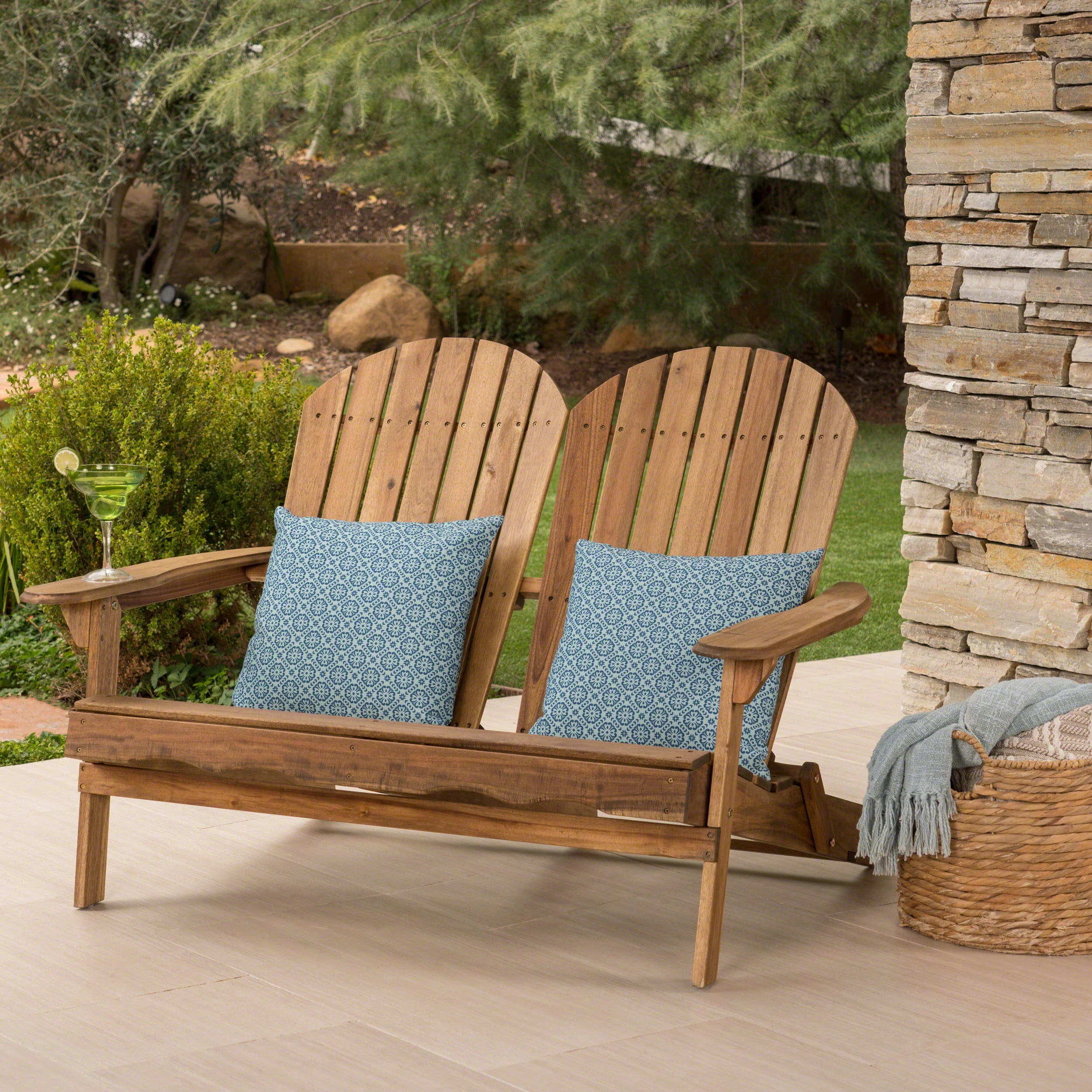 Outdoor Adirondack Rocking Loveseat with Hand Crafted Details, Natural