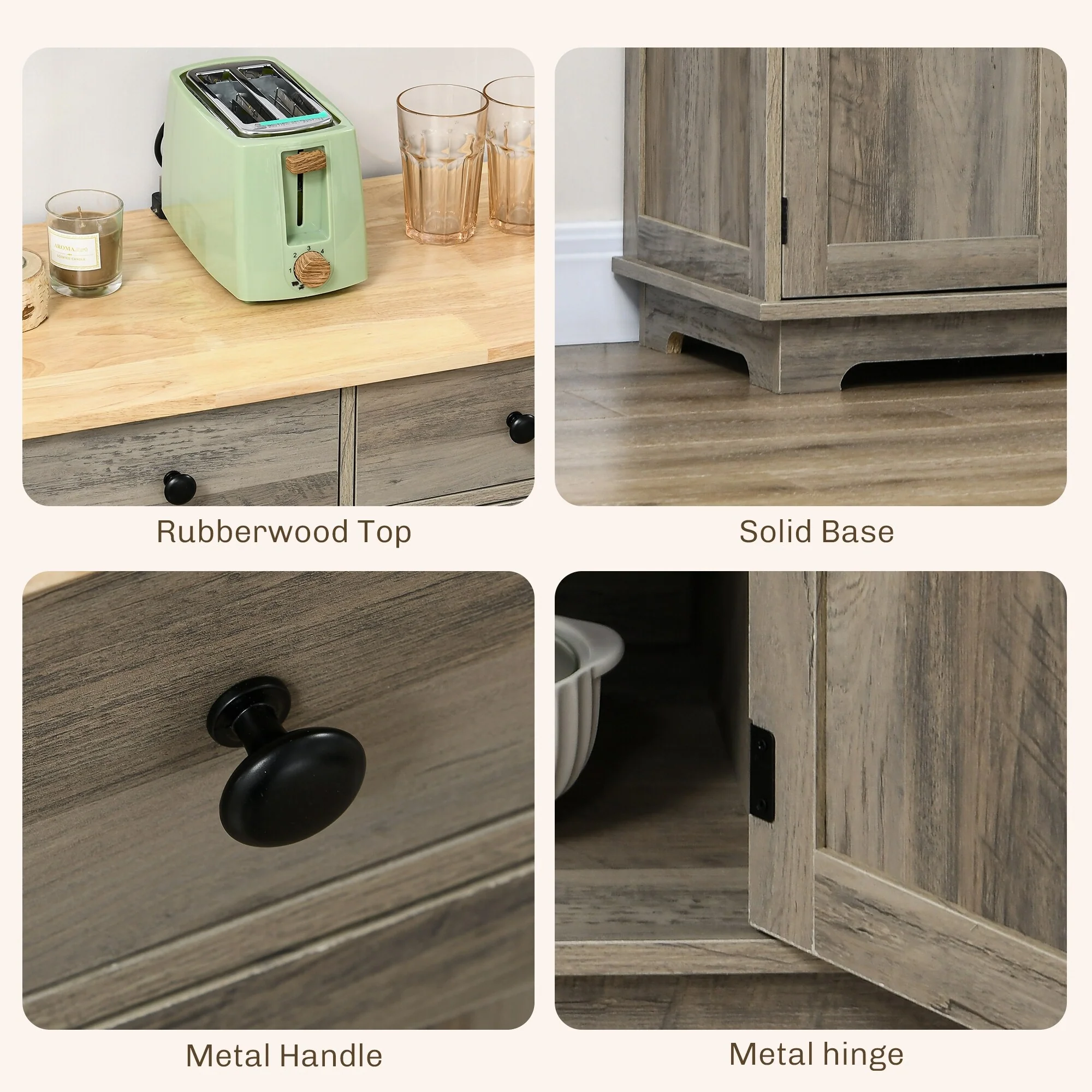 HOMCOM Sideboard with Solid Wood Countertop, Modern Kitchen Storage Cabinet, Coffee Bar Cabinet with 3 Drawers