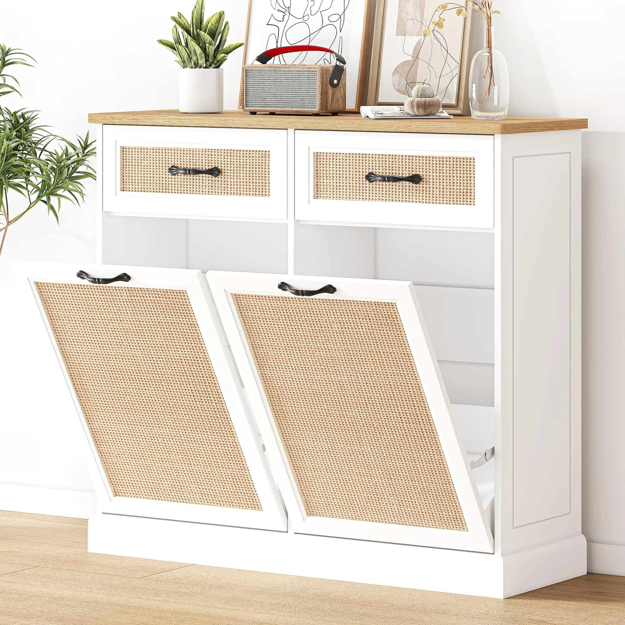 Rattarn Kitchen Tilt Out Trash Can Cabinet with Drawer