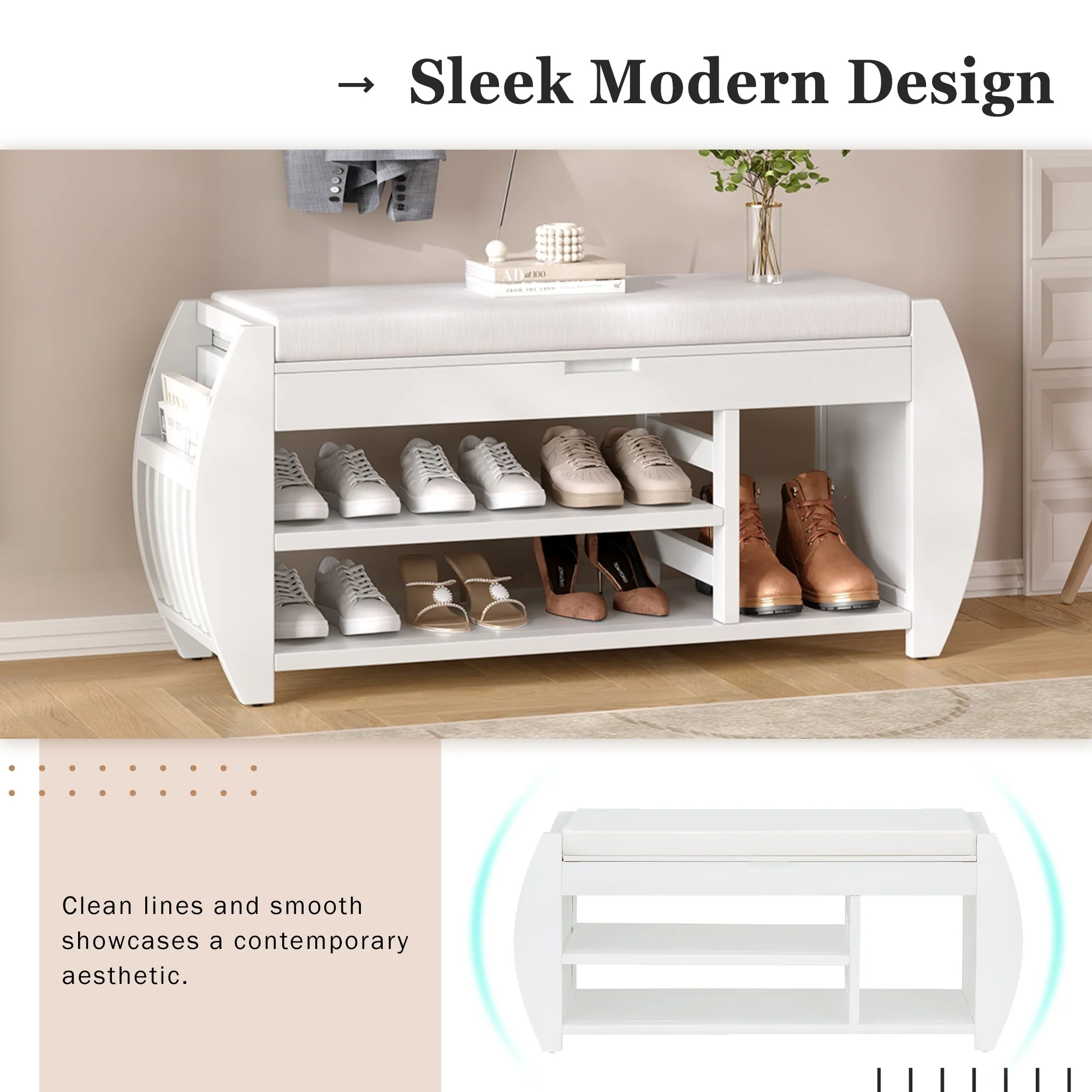 Shoe Storage Bench with Cushion and Curved Side