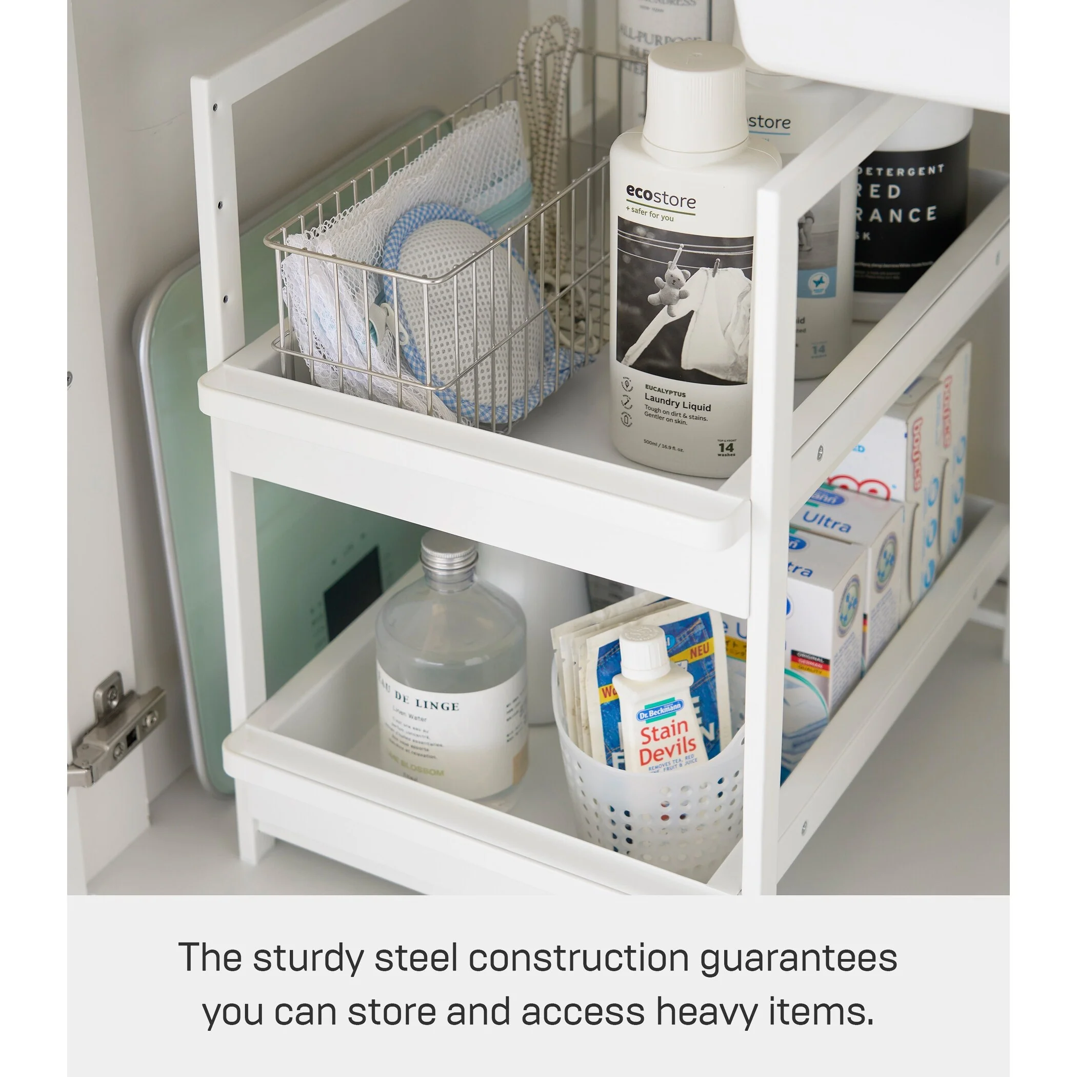 Yamazaki Home Under-Sink Rack with Pull-Out Shelf, Steel, Adjustable - L 26.97 x W 11.97 x H 17.83 inches