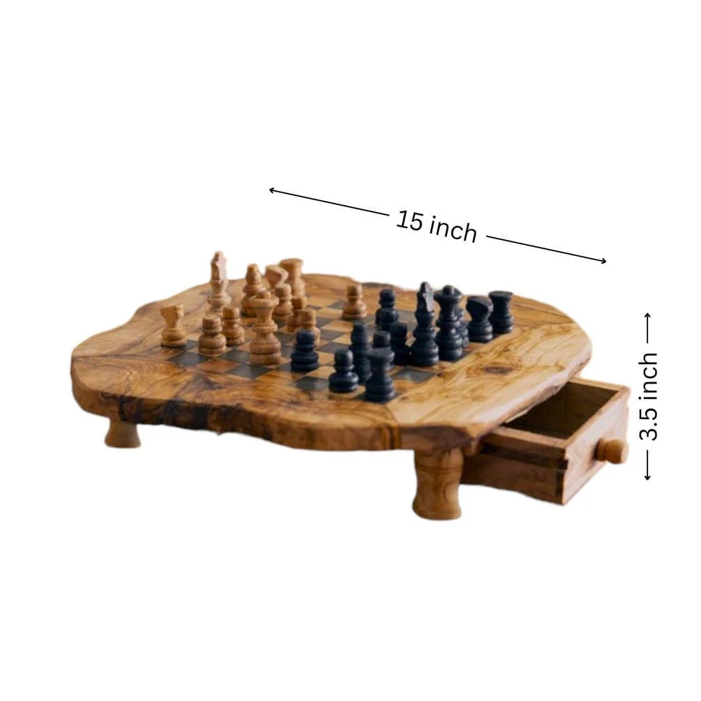 Large Olive Wood Chess Board with Storage Drawers