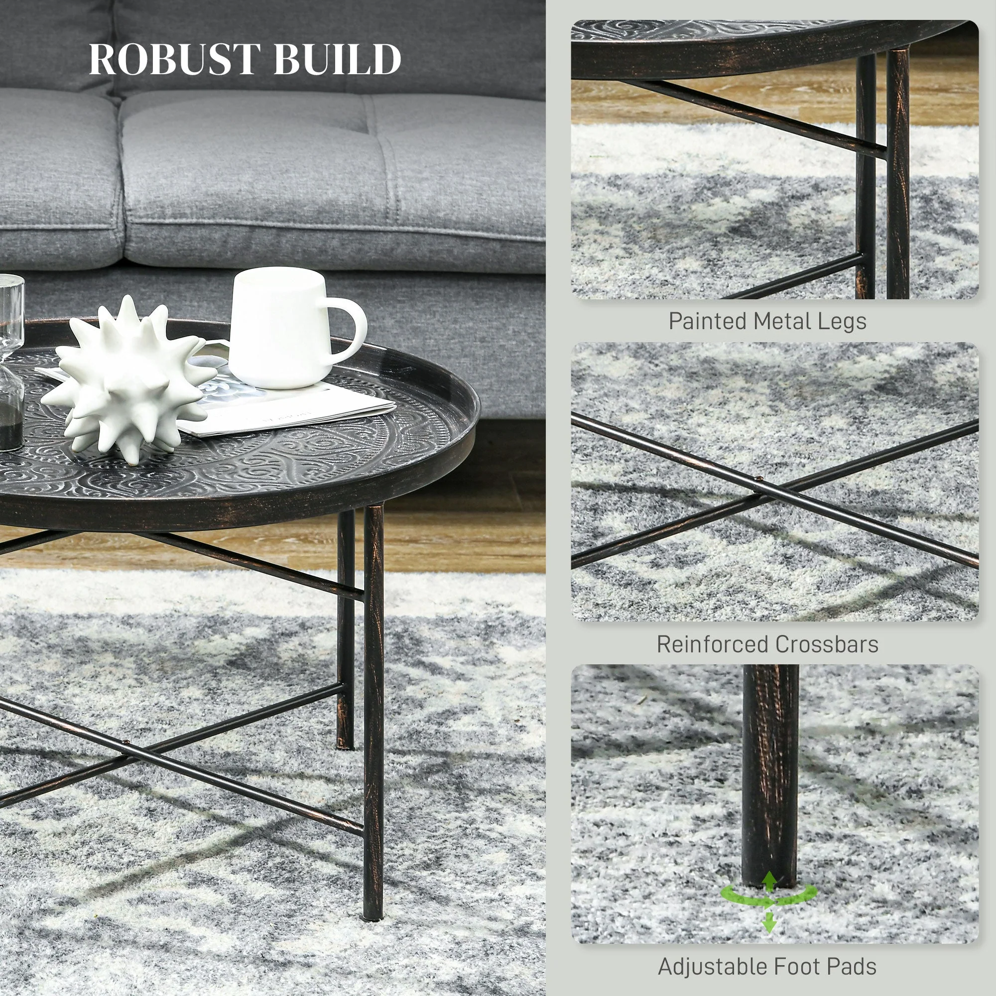 Round Coffee Table with Hammered Tray Top