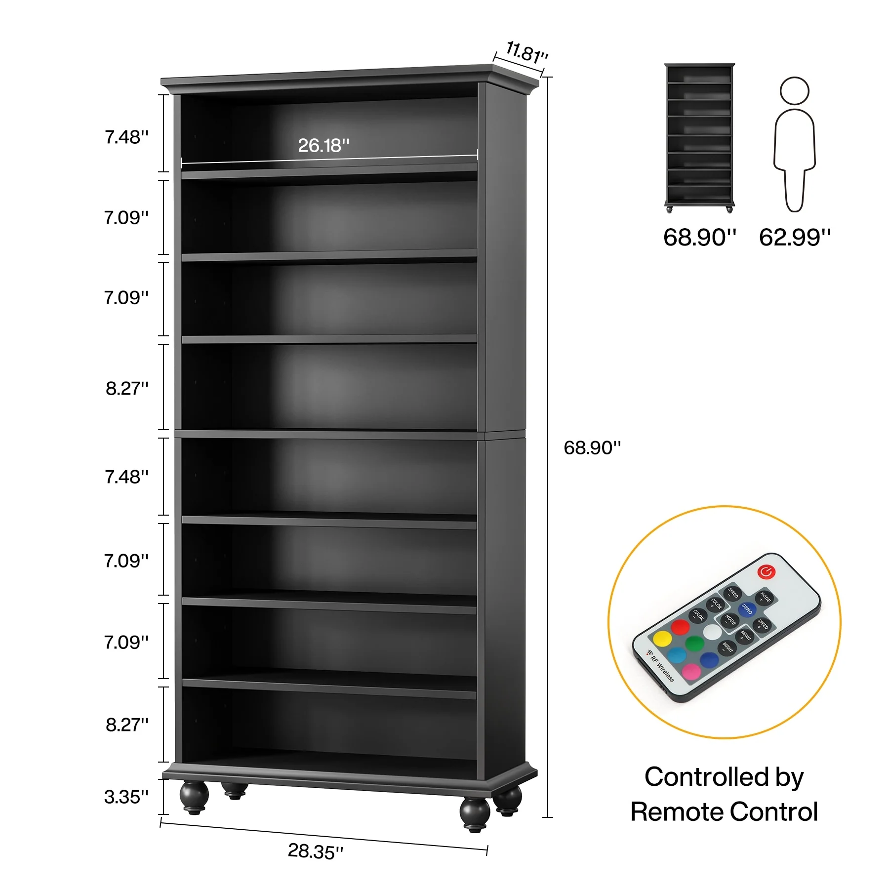 Narrow Tall Shoe Storage Cabinet with LED Lighting for Entryway - 9-Tier