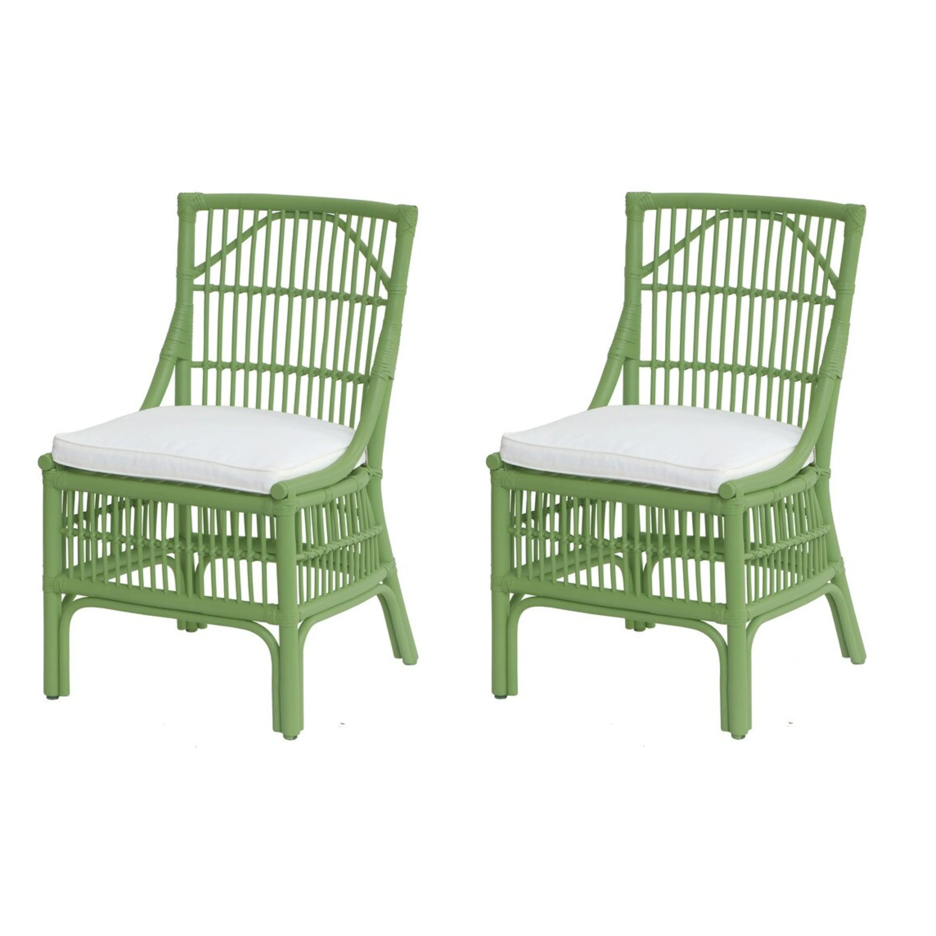 Rattan Slat Back Green Dining Chair, Set of 2