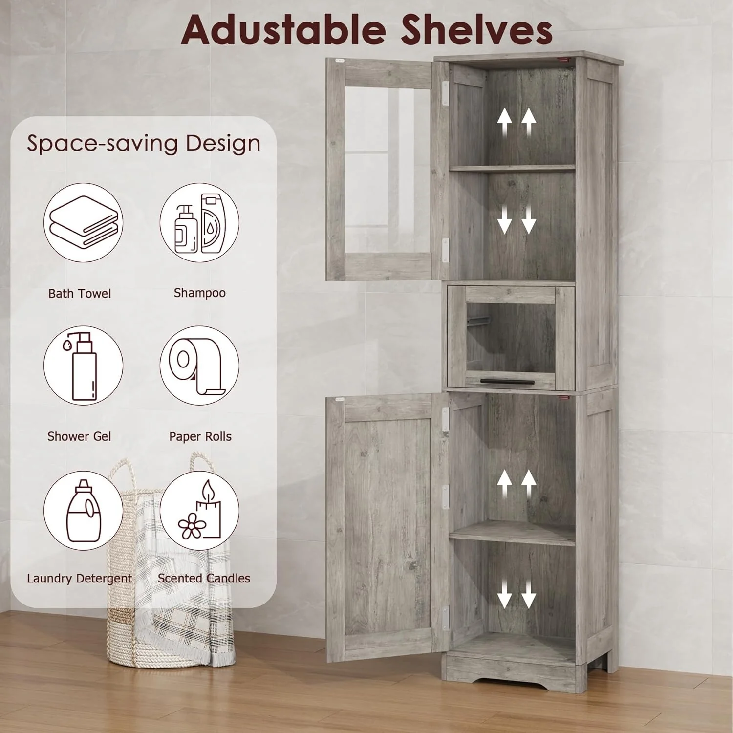 Tall Bathroom Cabinet, Linen Storage Cabinet with Doors and Adjustable Shelves and Drawer