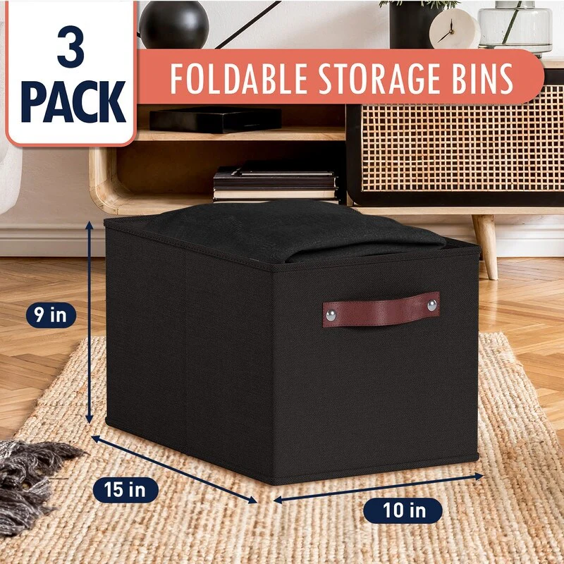 3 Pack Collapsible Shelf Basket Rectangle Storage Bins with Faux Leather Handles