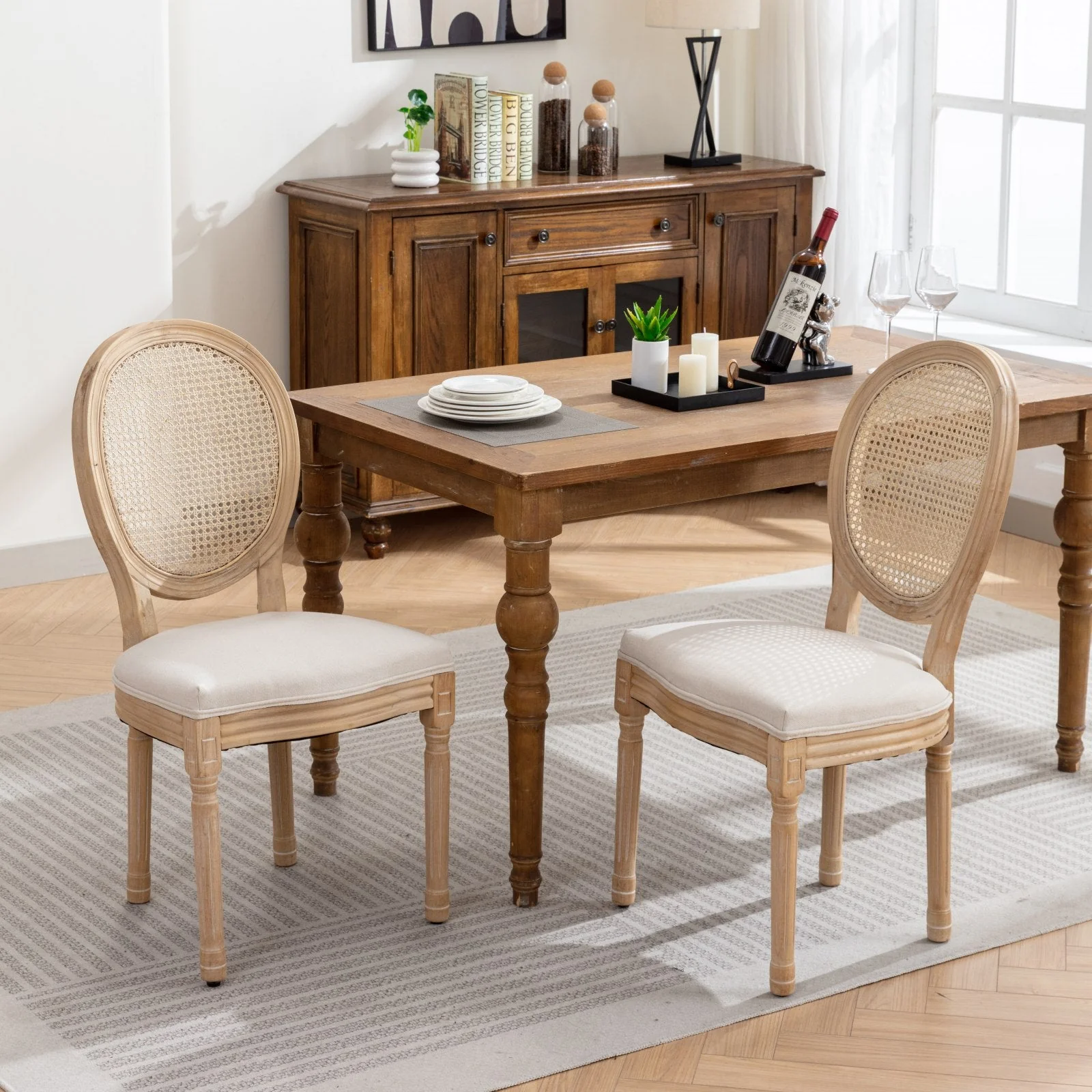 Dining Chair with Rattan Back and Seat Cushion, Set of 2