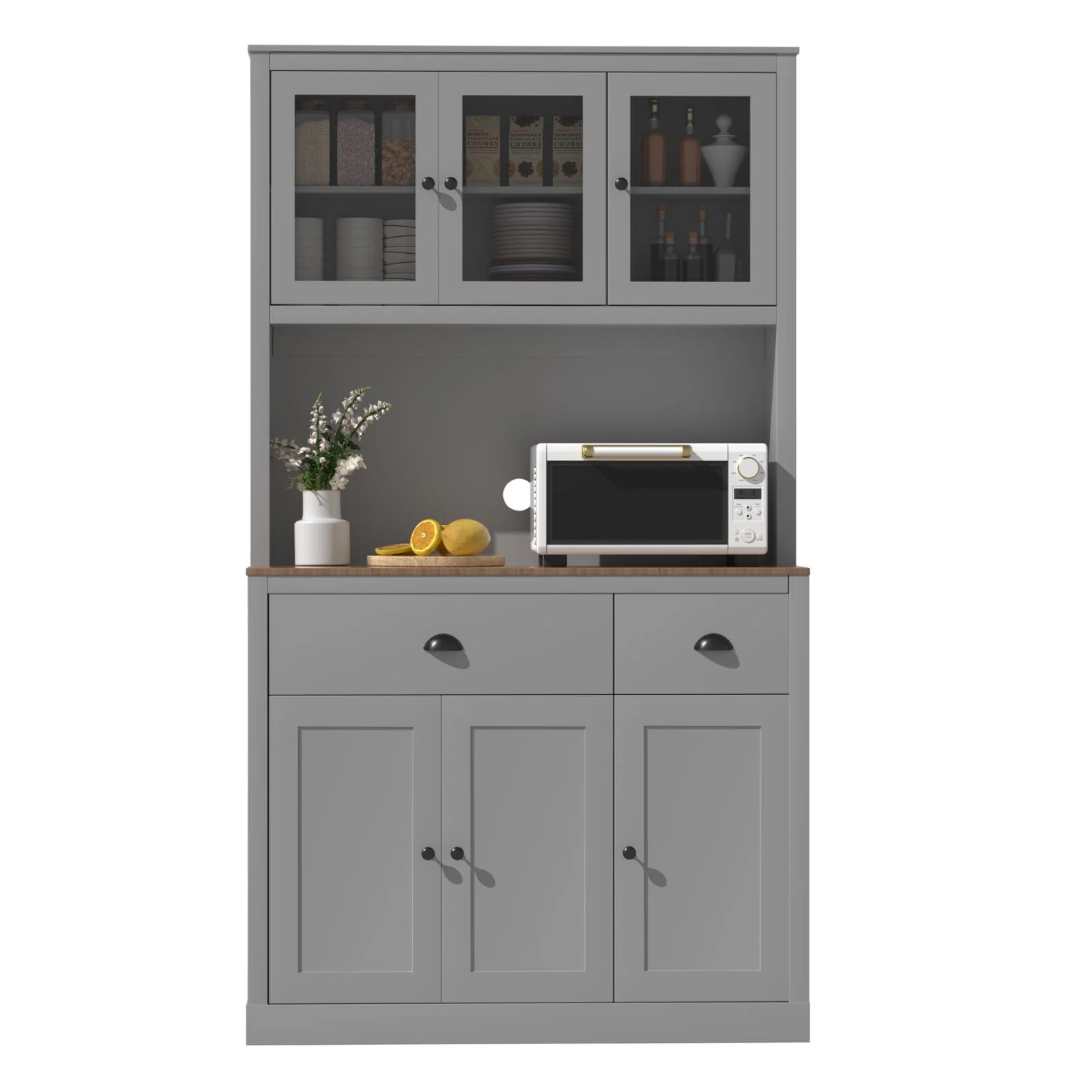 VEIKOUS Kitchen Pantry Storage Cabinet Cupboard with Framed Glass Door and Drawer