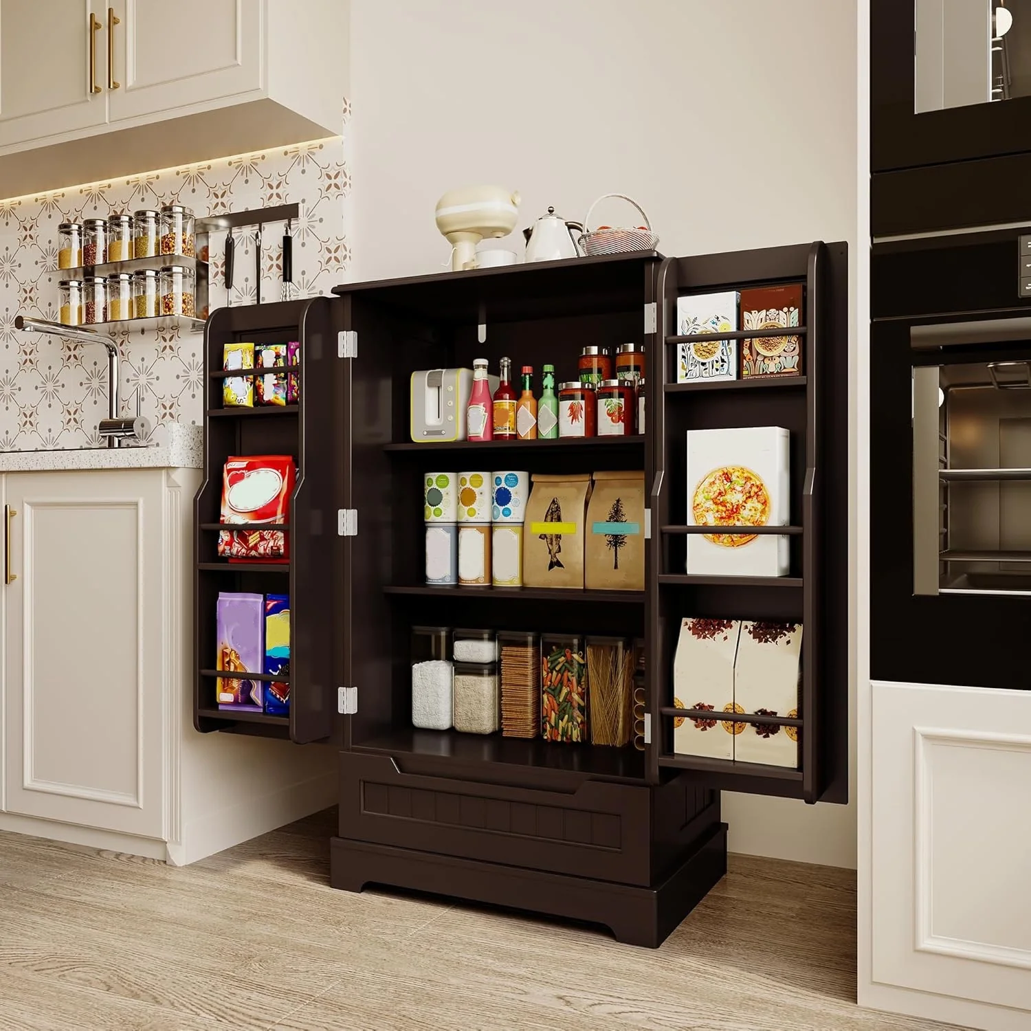 Kitchen Pantry Storage Cabinet, Freestanding Storage with Shelves and 1 Drawer